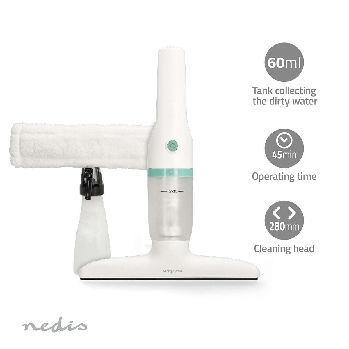 Nedis Window Vacuum Cleaner | 12 W | 1200 Pa | Capacity dirty water tank: 60 ml | Removable dirty water tank | Green / White
