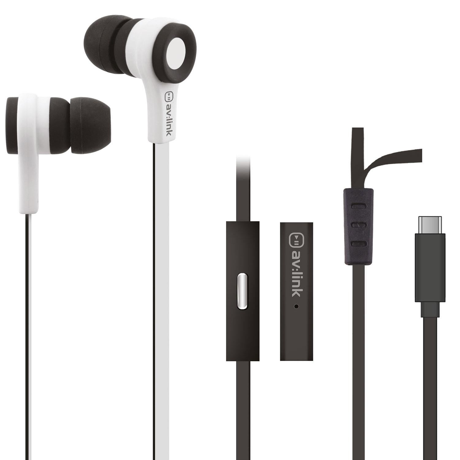 Av:link Rubberised Stereo Earphones with Microphone - Wired In-Ear Headphones, 10mm Drivers, Tangle-Free Flat Cable, 3.5mm / USB-C - Black & White