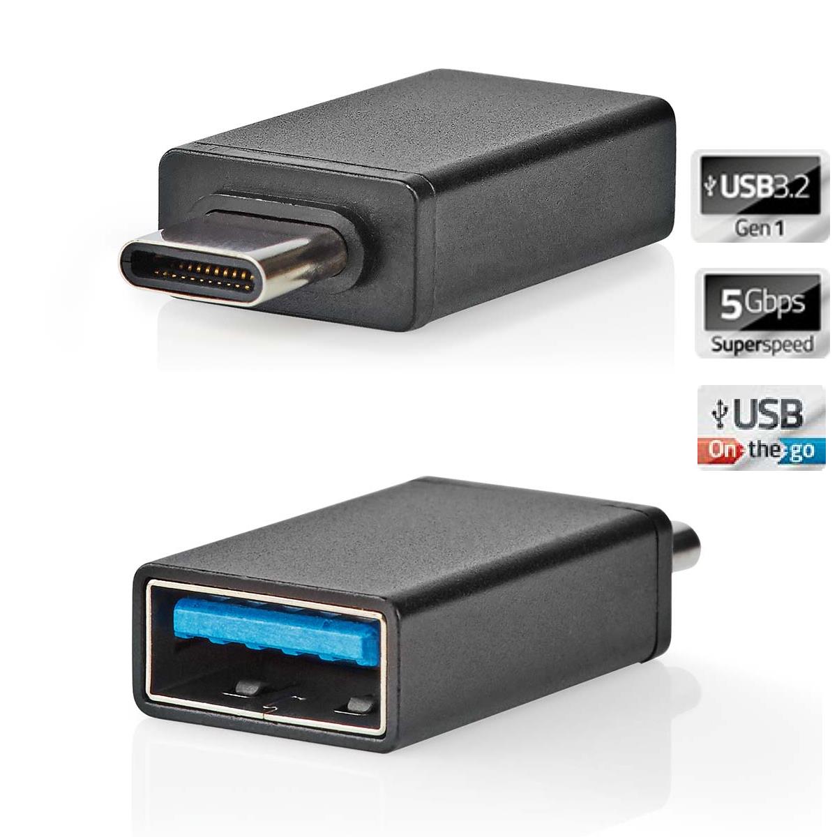 Nedis USB-C™ Adapter | USB 3.2 Gen 1 | USB-C™ Male | USB-A Female | 5 Gbps | OTG | Round | Nickel Plated | Black | Box