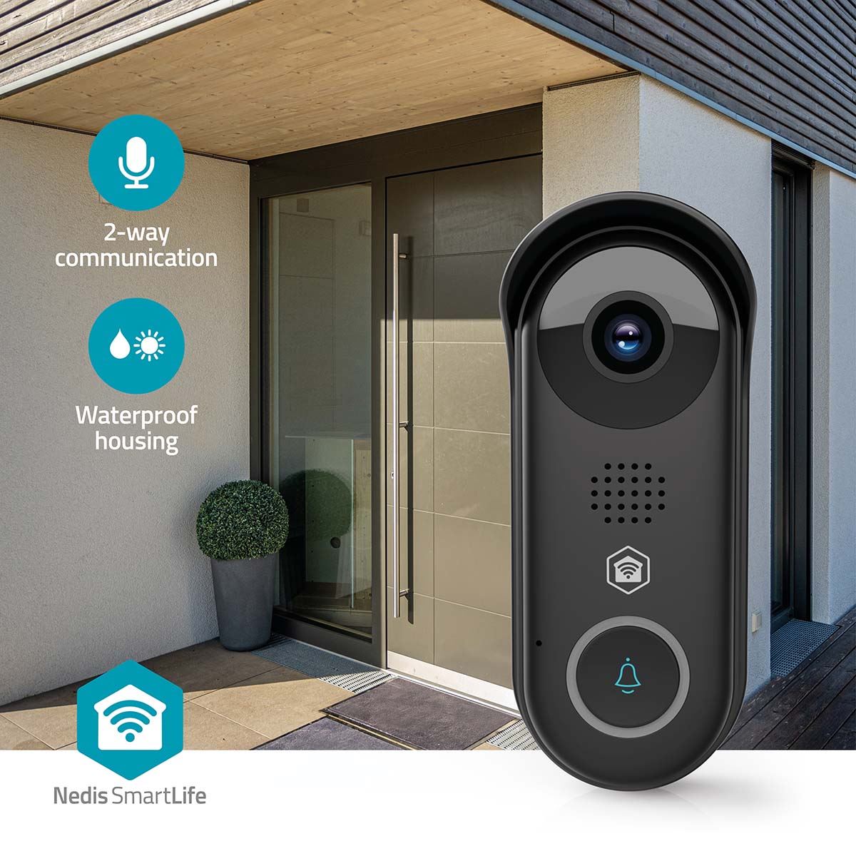 Nedis SmartLife Wireless Video Doorbell WiFi Camera,| Full HD 1080p | Cloud Storage (optional) / microSD (not included) / Onvif | IP54 | With motion sensor | Night vision | Black
