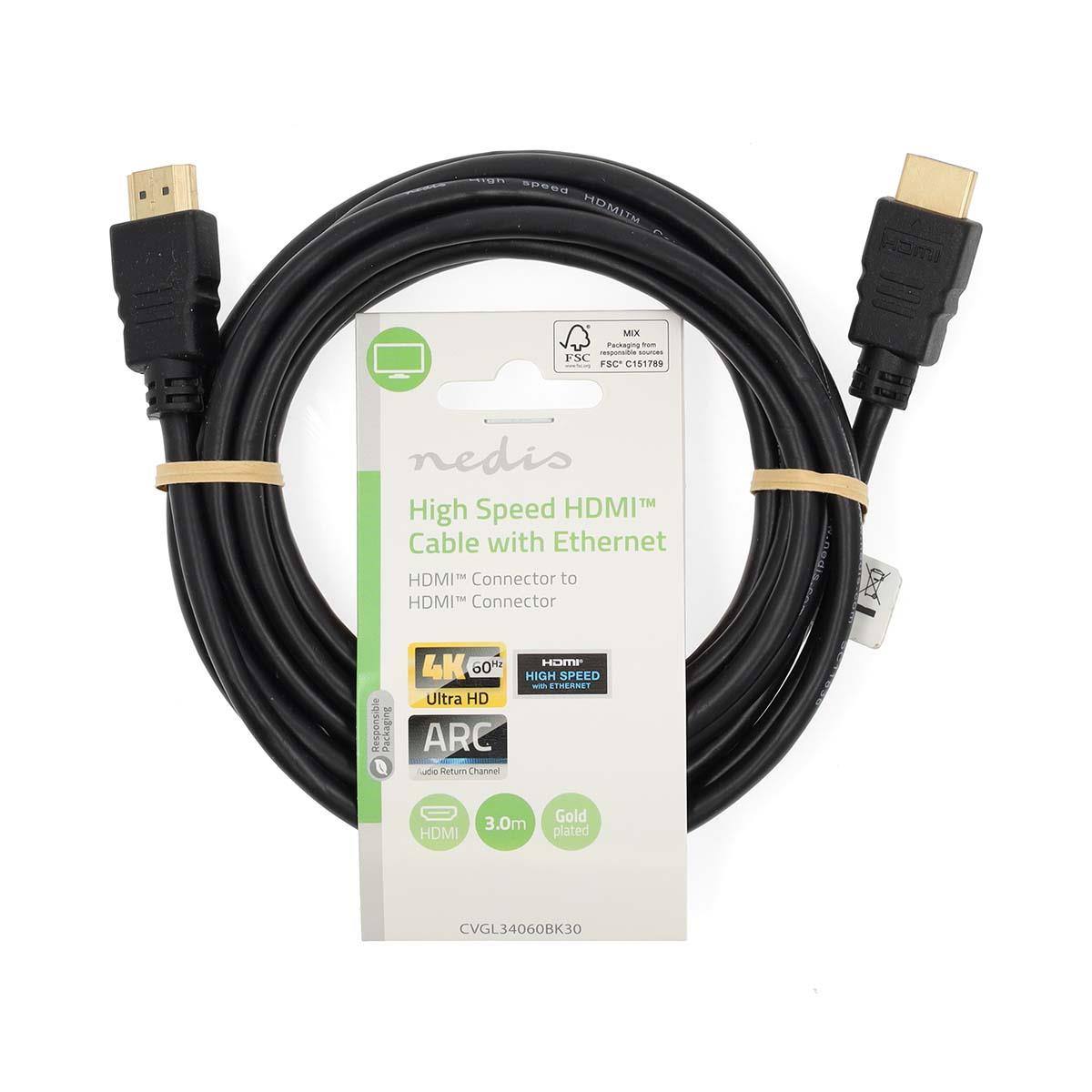 Nedis High Speed HDMI™ Cable with Ethernet | HDMI™ Connector | HDMI™ Connector | 4K@60Hz | ARC | 18 Gbps | 3.00 m | Round | PVC | Black | Label