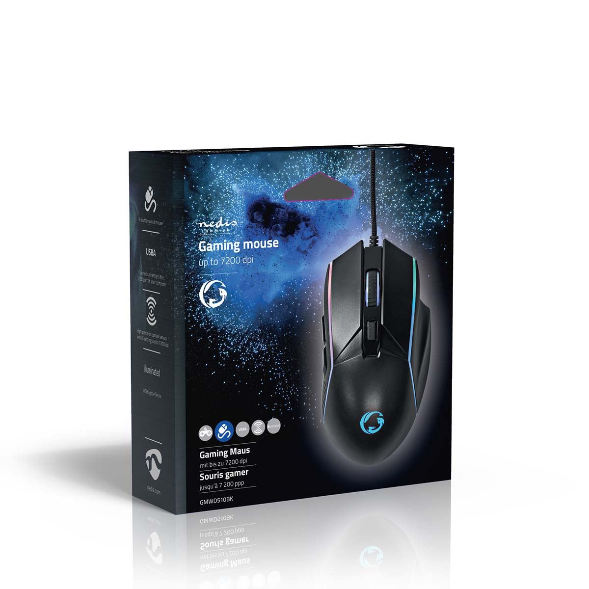 Nedis Gaming Mouse | Wired | 800 / 1200 / 2400 / 3200 / 4800 / 7200 dpi | Adjustable DPI | Number of buttons: 6 | Right-Handed | 1.50 m | LED