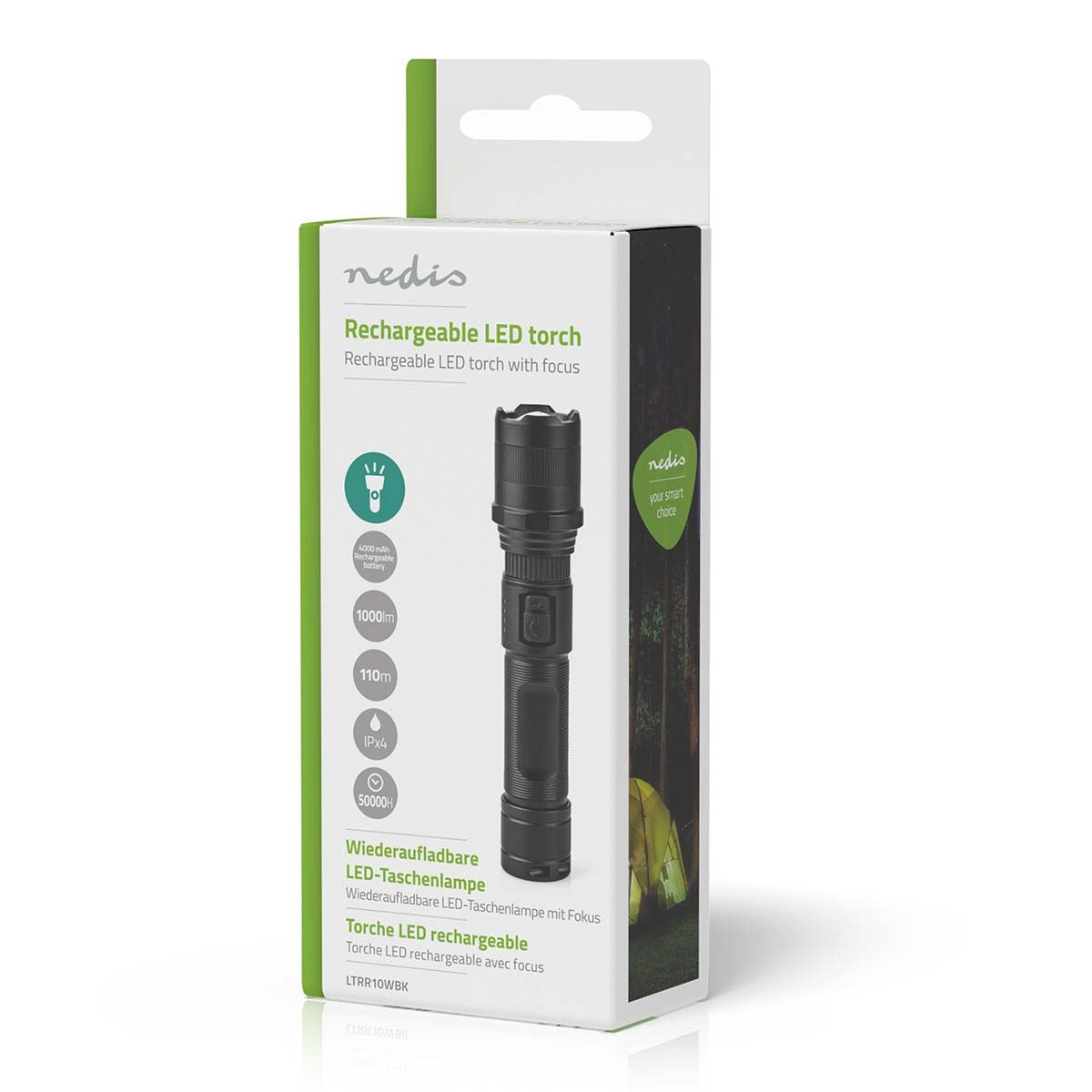 Nedis Rechargeable Led Torch with Adjustable Focus Beam, 1000 Lumens, USB-C Charging, Aluminium Alloy Housing, Power Indicator, IpX4 Splash Resistant, 110m Beam Distance