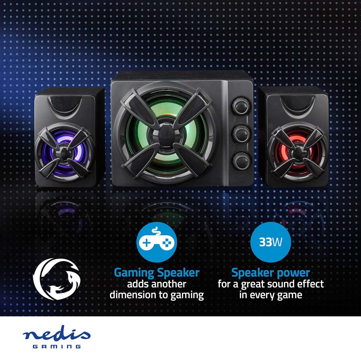 Nedis Gaming Speaker | Speaker channels: 2.1 | USB Powered | 3.5 mm Male | 33 W | LED | Volume control