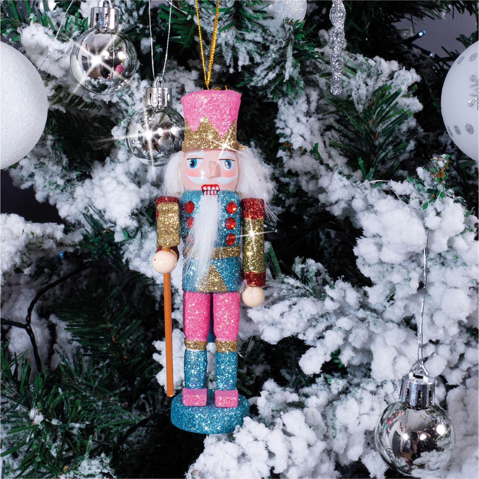 Glitter Nutcracker Hanging Christmas Tree Decoration - Pink