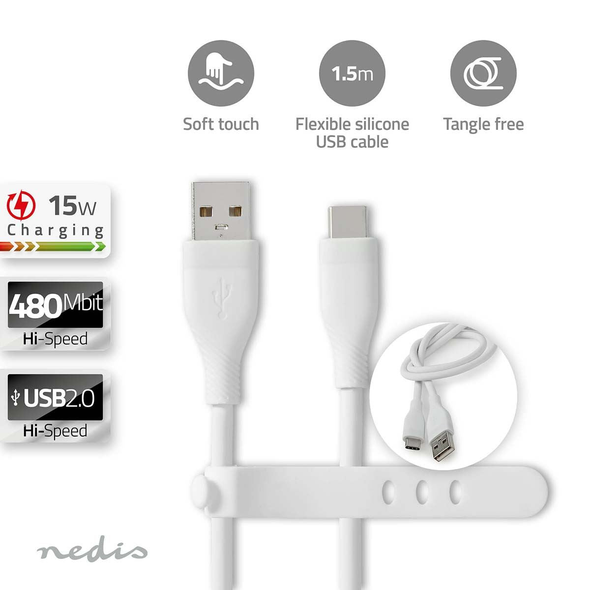 Nedis USB Cable | USB 2.0 | USB-A Male | USB-C™ Male | 15 W | 480 Mbps | Nickel Plated | 1.50 m | Round | Silicone | White | Box