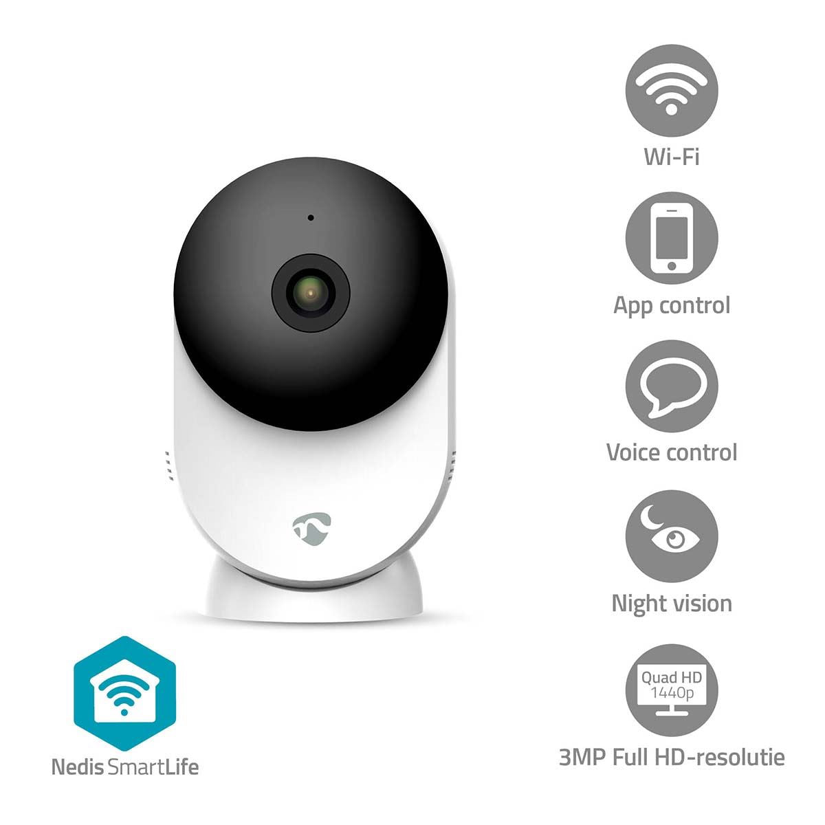 Nedis SmartLife Indoor Camera, Wi-Fi, 3MP Full HD 1296p, Baby & Pet Monitor with Motion & Sound Detection, Night Vision, 110 Degree View, 2-Way Audio, Compatible with Alexa & Google Assistant - White