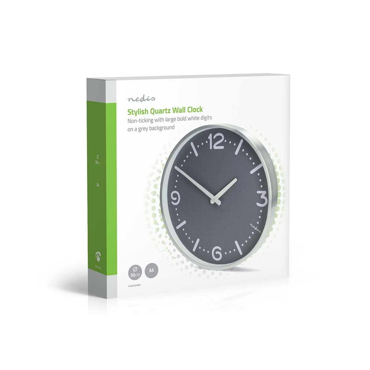 Nedis 30cm Wall Clock Silent Movement, Battery Powered -  Aluminium Silver
