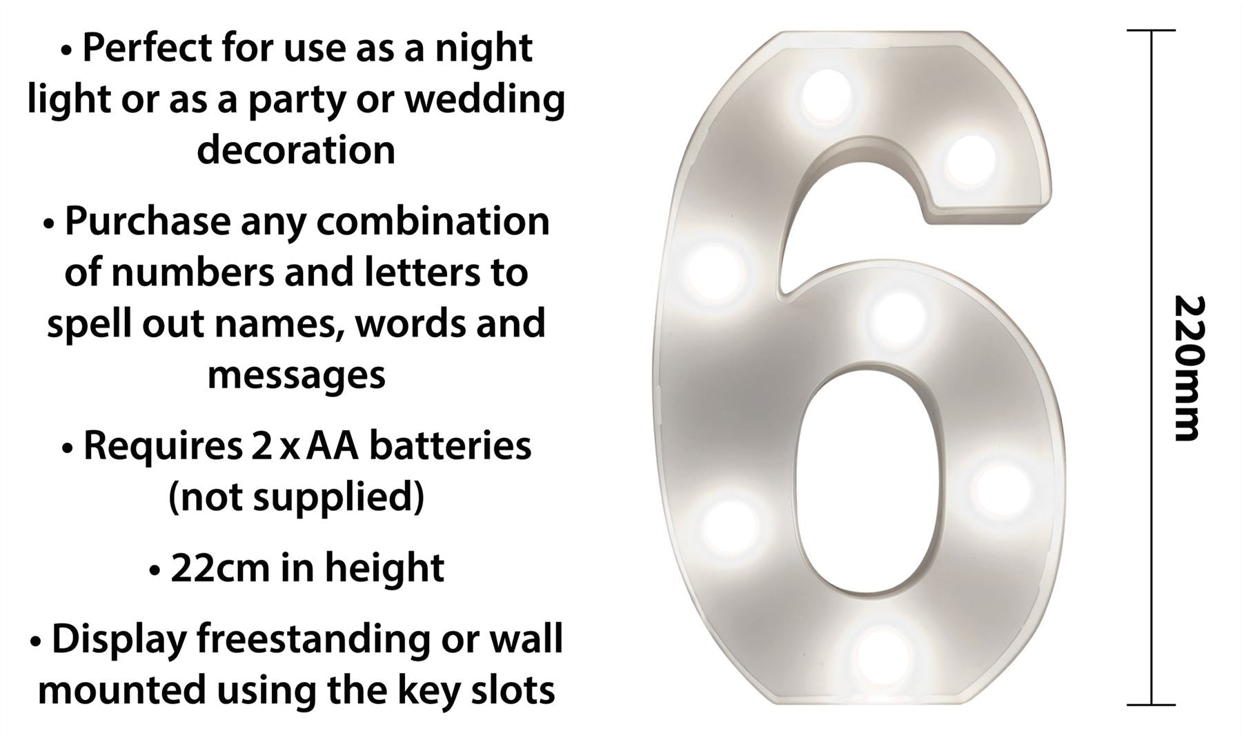 "6" Light Up 3D LED 22cm Numbers Party Birthday Wedding Battery Operated