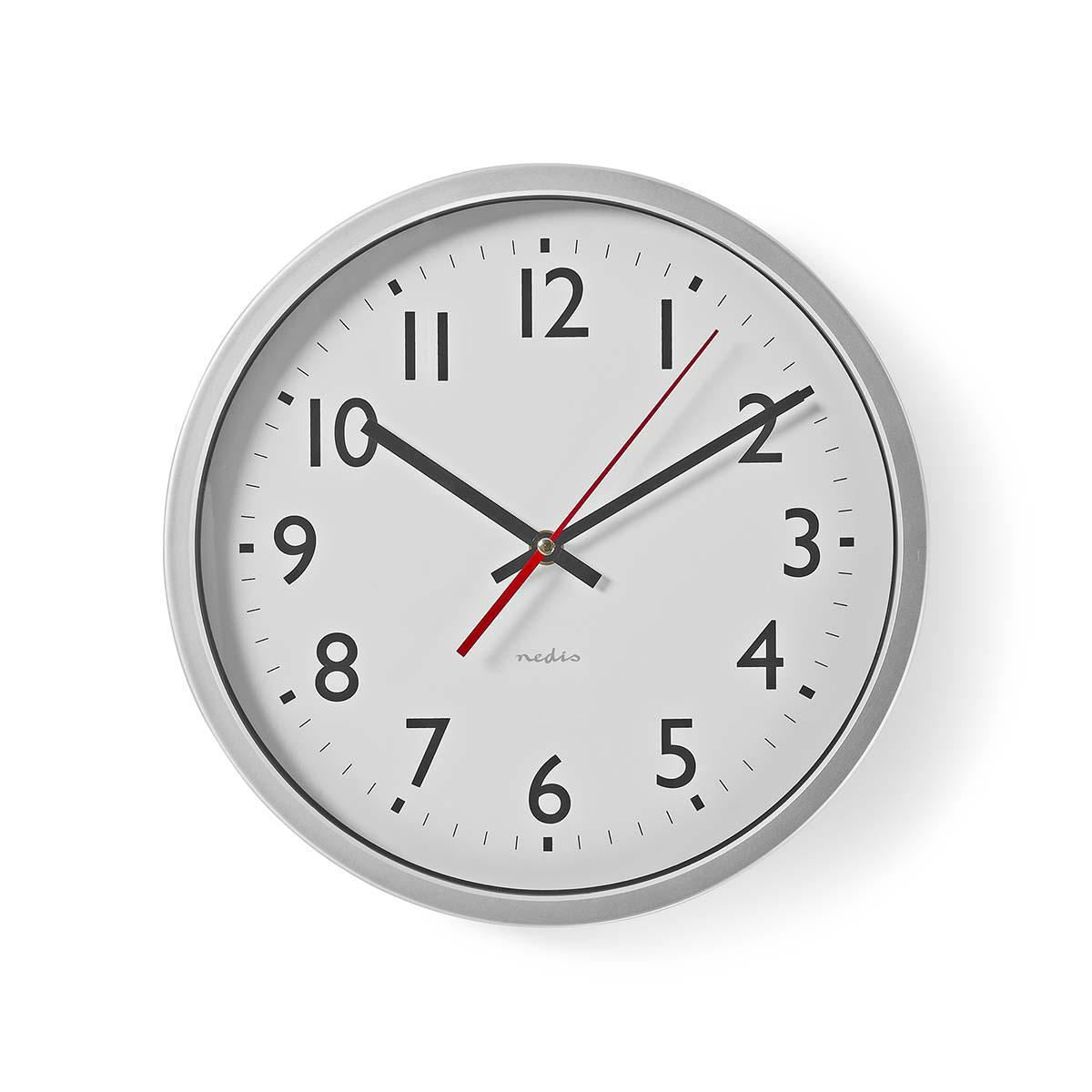Nedis 30cm Wall Clock with Easy Read Numbers, Silent Movement, Battery Powered - Silver / White
