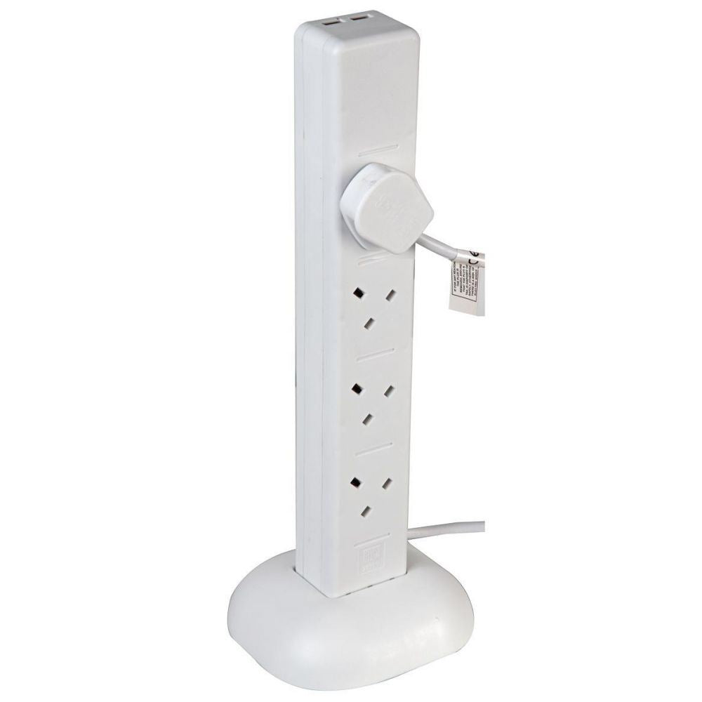 8 Gang Tower 2m Mains Extension Lead Socket 13A with USB Charge Ports - White