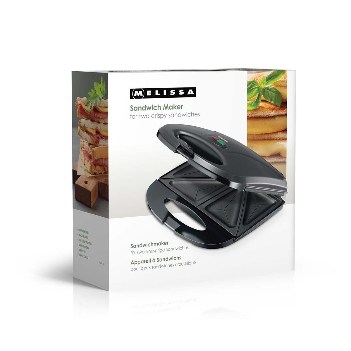 Melissa Sandwich Maker 750W Toasted Sandwich Maker, Non-Stick Plates, Cool Touch Handle, Indicator Lights, Compact Storage