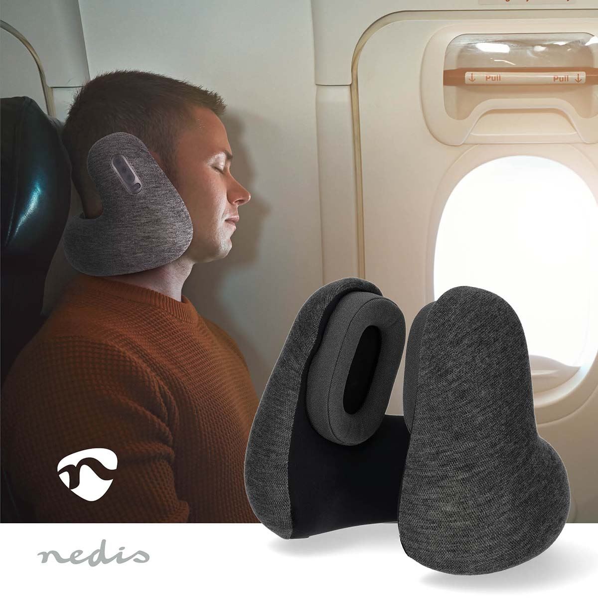 Nedis Travel Pillow with Built-In Bluetooth 5.3 Headphones, Wireless Over-Ear Design, Memory Foam, Passive Noise Cancelling, Hands-Free Calls, USB-C Charging