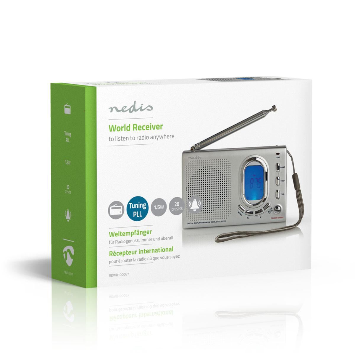 Nedis World Receiver Radio | Portable Design | AM / FM / SW | Battery Powered / Mains Powered | Digital | 1.5 W | Headphone output | Alarm clock | Sleep timer | Grey
