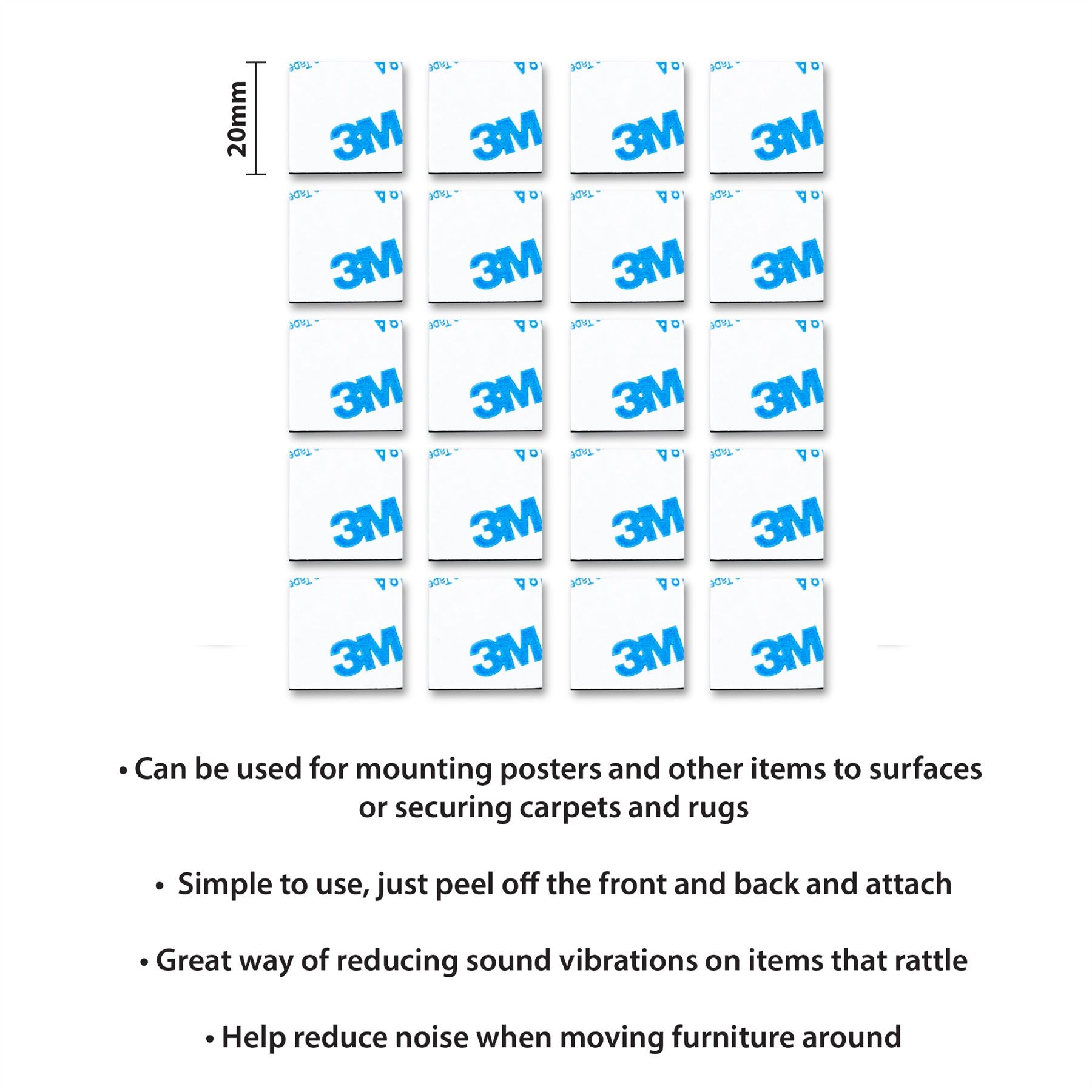 20mm 20 Pack Double-Sided Square Adhesive Mounting Pads