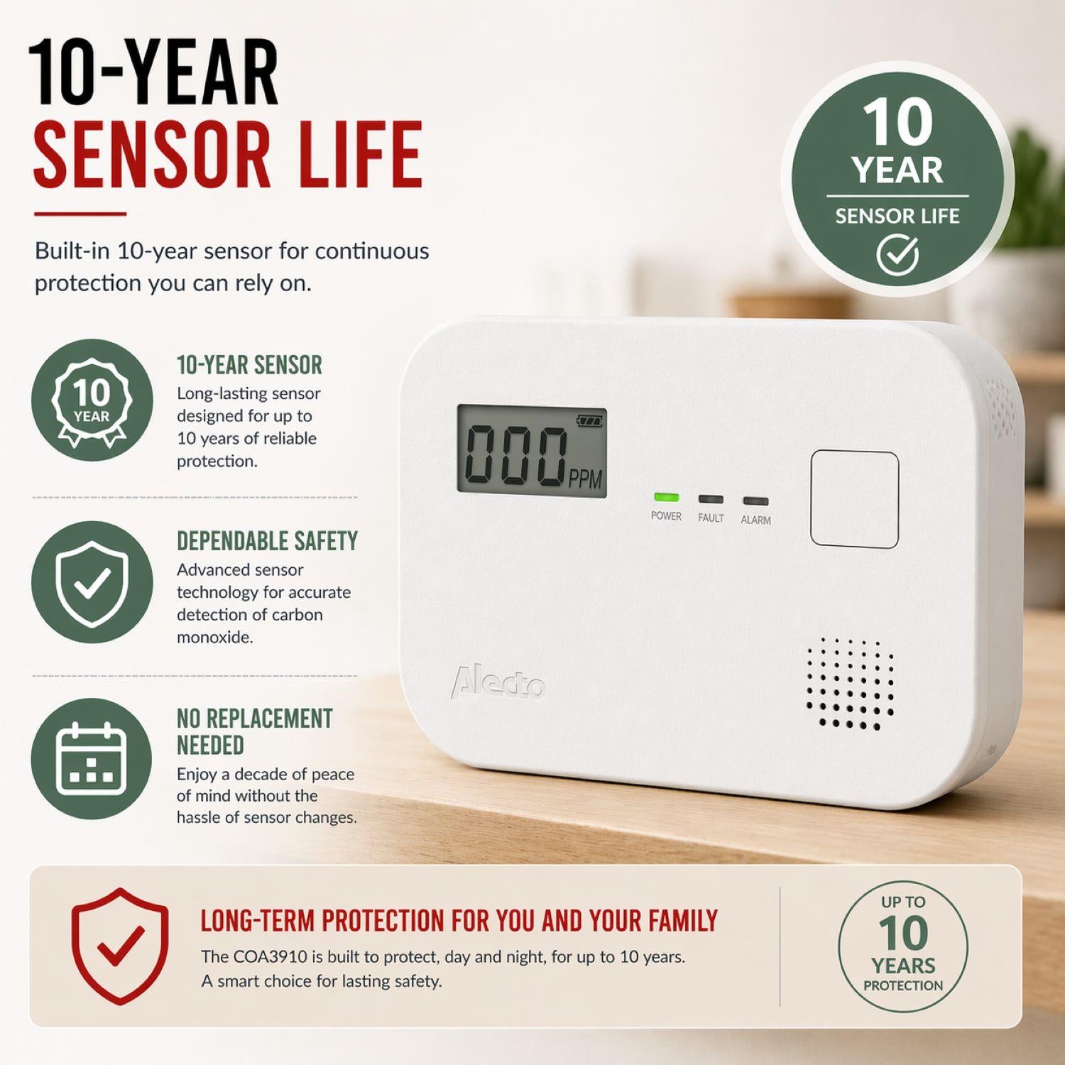 Alecto COA3910 Carbon monoxide Alarm with 10 year Sensor Runtime & LCD Display | EN50291-1:20180 | White