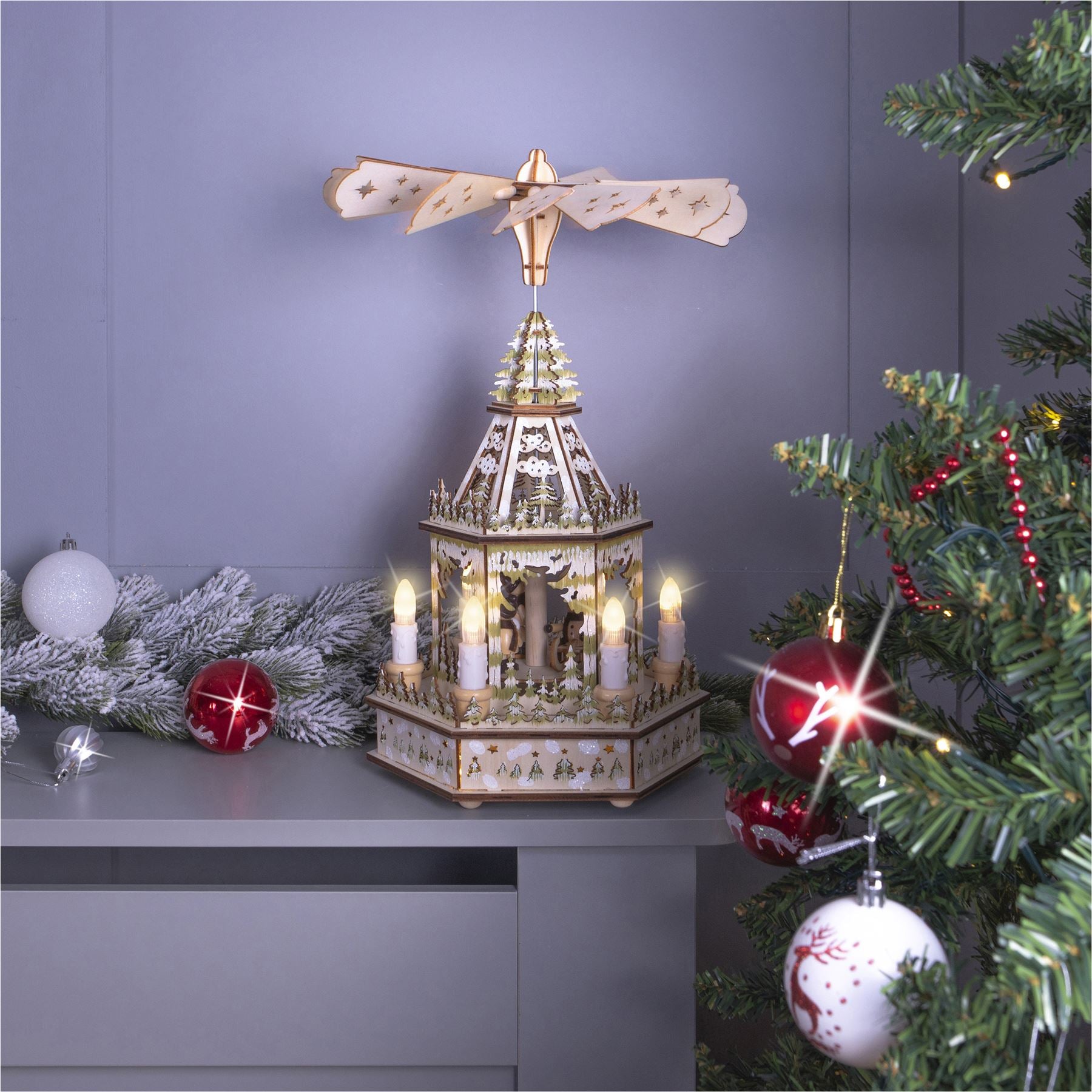 Traditional German 1 Tier Rotating Wooden Christmas Pyramid with 6 LED Candle Lights Battery Powered
