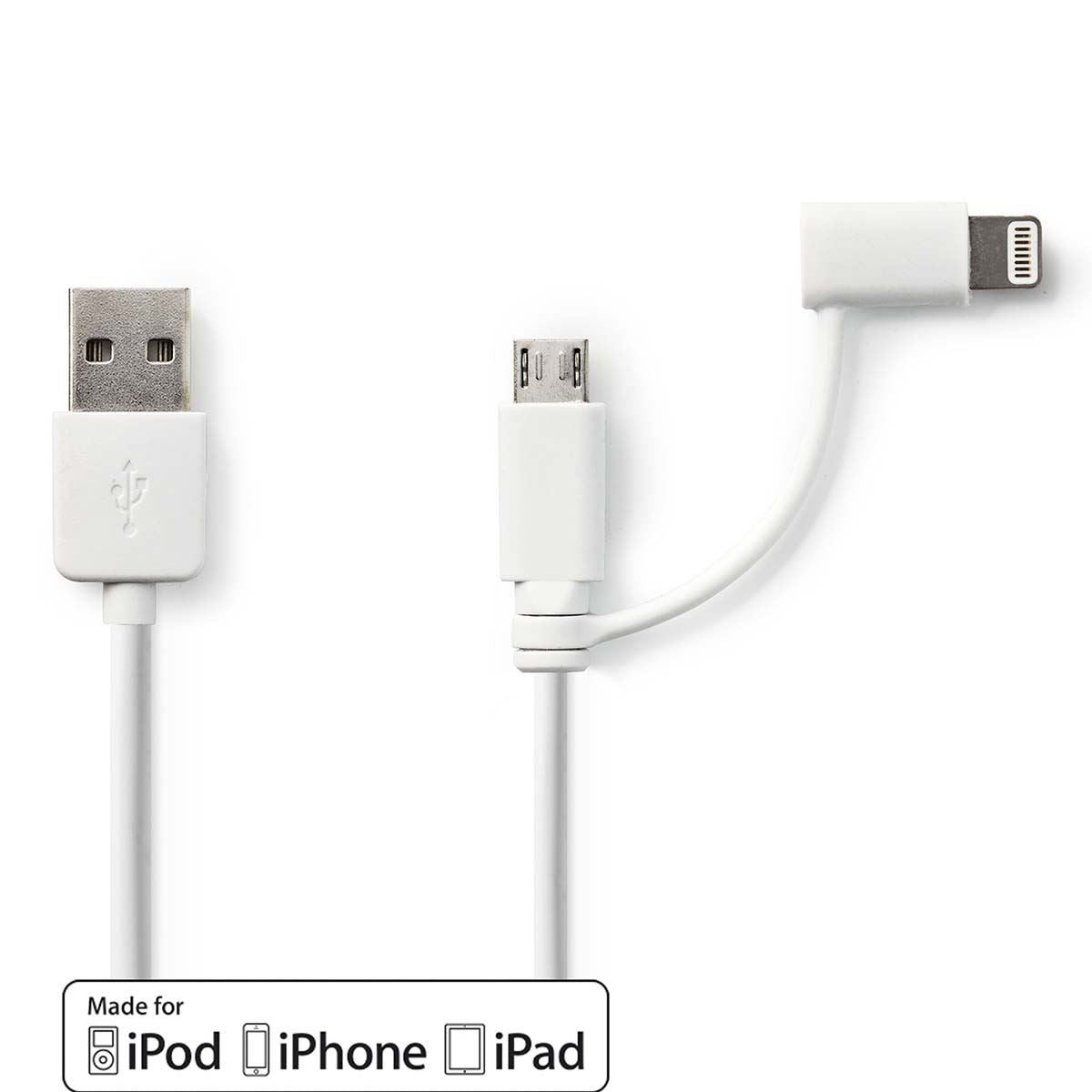 Nedis 2-in-1 Cable | USB 2.0 | USB-A Male | Apple Lightning 8-Pin / USB Micro-B Male | 480 Mbps | 1.00 m | Nickel Plated | Round | PVC | White | Polybag
