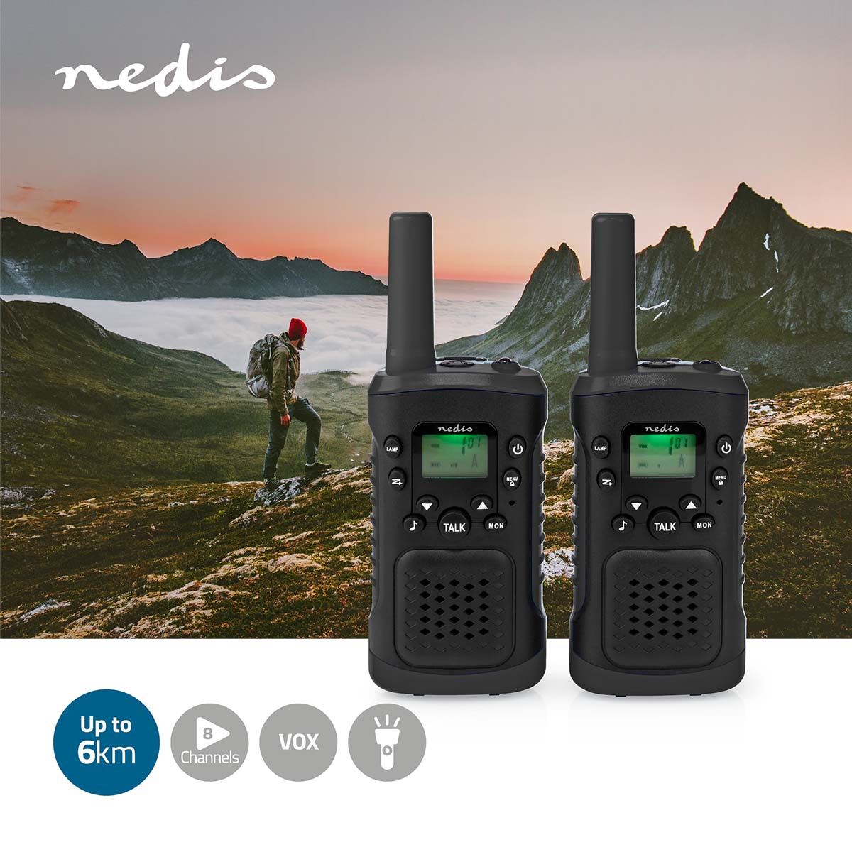Nedis Walkie Talkies for Adults Long Range Two Way Radios - PMR Walky Talky PTT VOX Easy to Use 8 Ch | Headphone Set| 6km | 3 Hour | Flashlight | Black