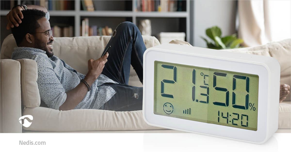 Nedis SmartLife Climate Sensor, Measures Room Temperature (-10 to 50oC) & Humidity (0-95%), Live Display, Battery Powered, Zigbee 3.0, Compatible with Nedis SmartLife App - White