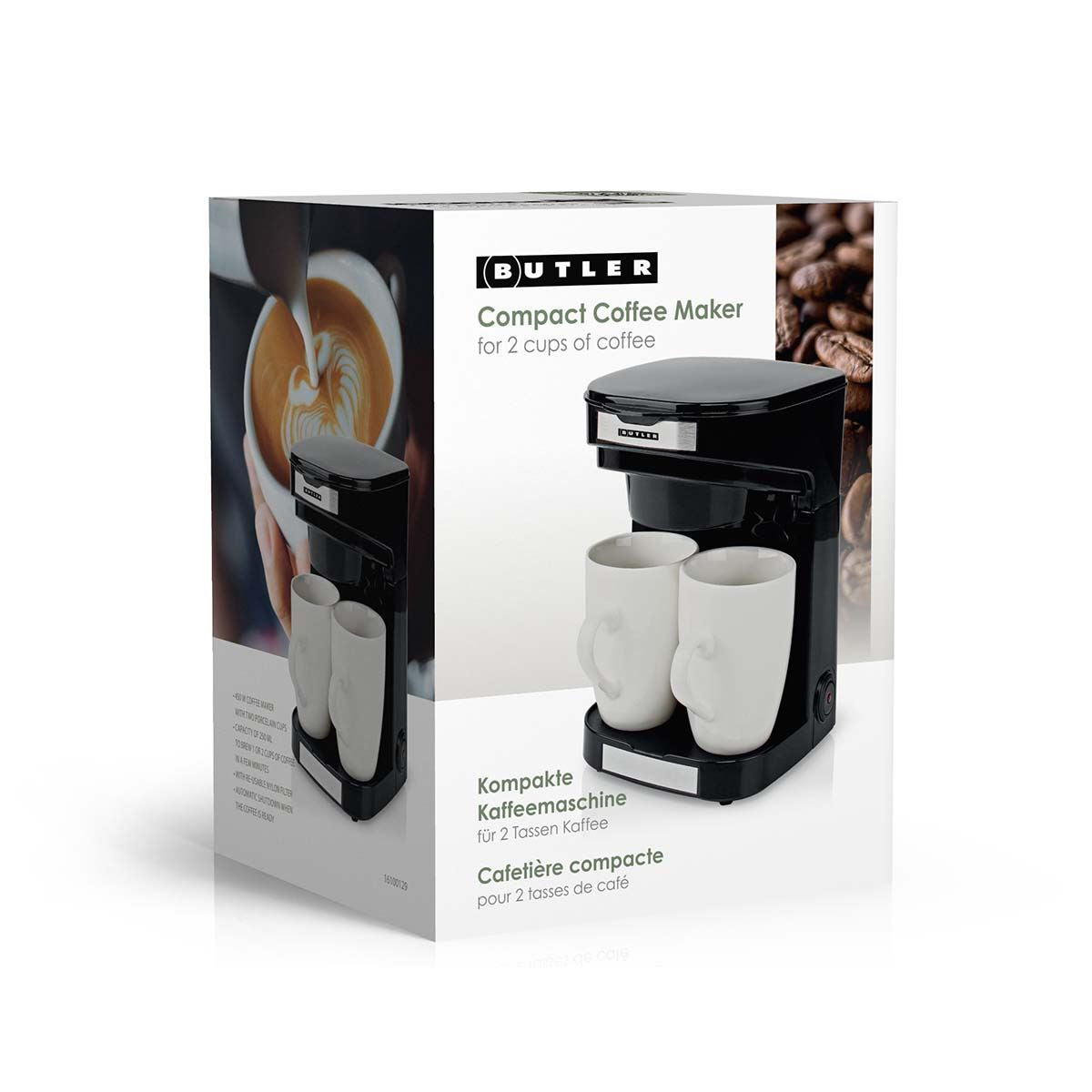 Butler 2 Cup Coffee Maker 0.25L Easy to Use Nylon Reusable Filter with Cups - Black