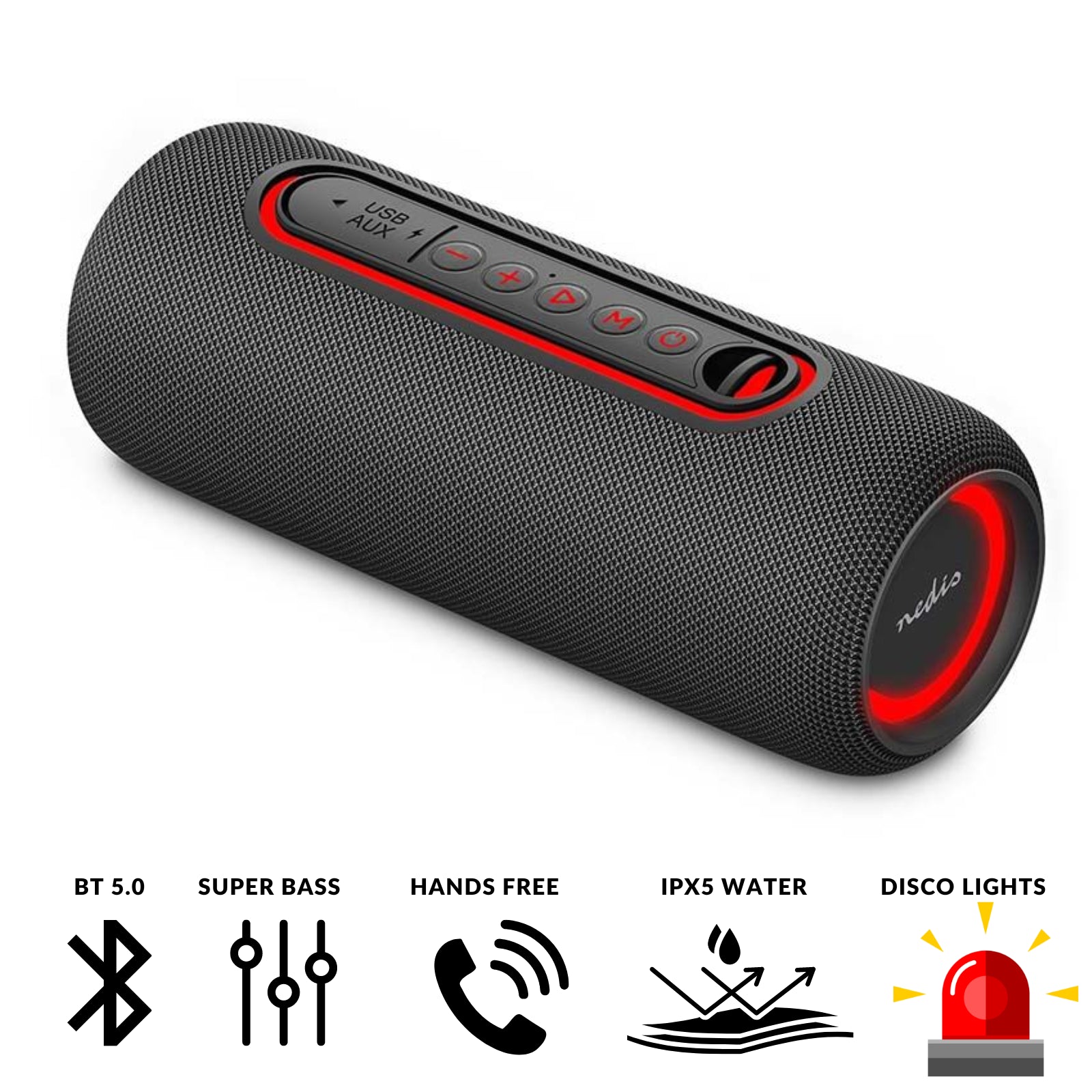 Nedis Bluetooth Speaker, Portable 30W with TWS, RGB Lights & Mic, Compact Handheld Design, 4-Hr Playback, USB-C, IPX5 Water Resistant - Black