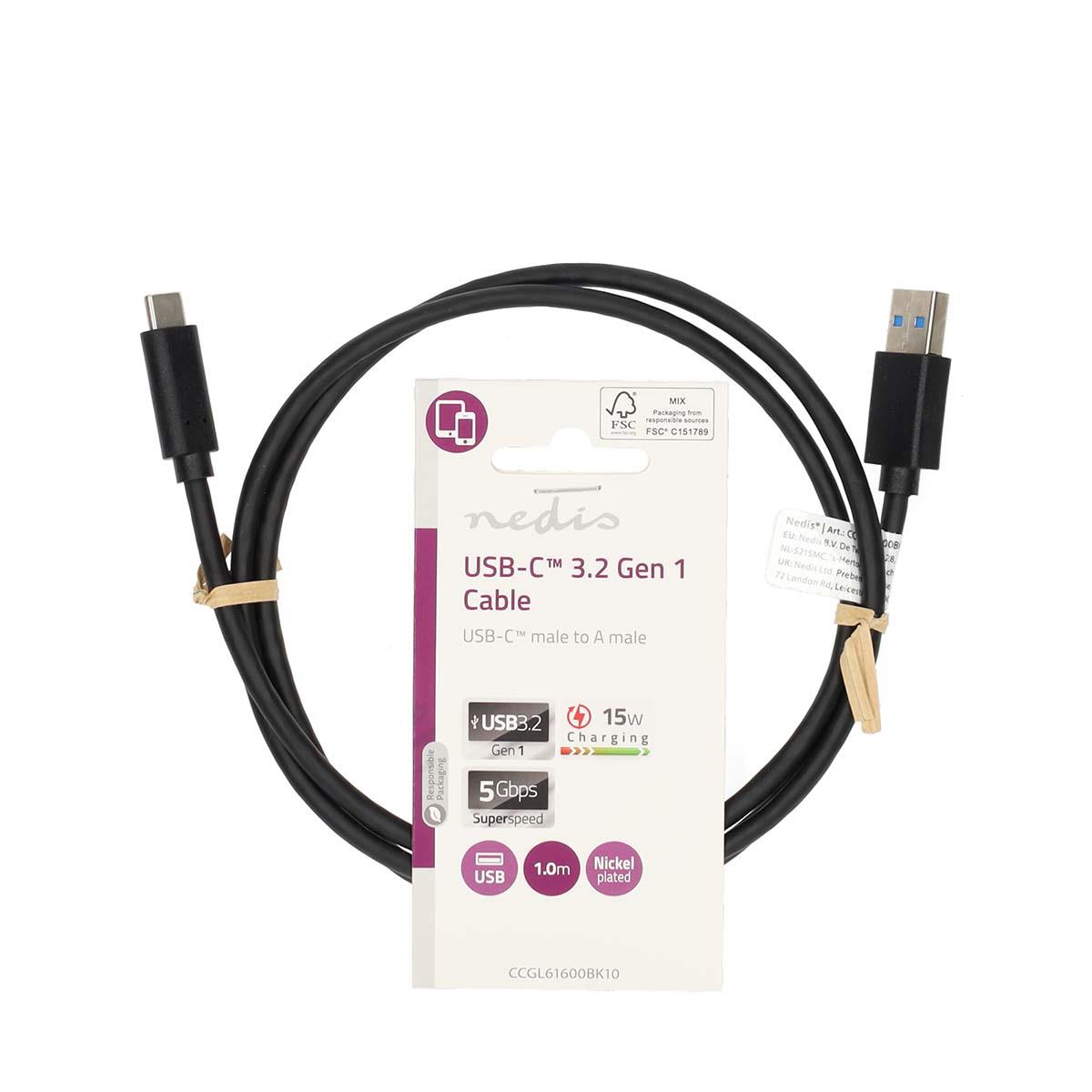 Nedis USB Cable | USB 3.2 Gen 1 | USB-A Male | USB-C™ Male | 15 W | 5 Gbps | Nickel Plated | 1.00 m | Round | PVC | Black | Label