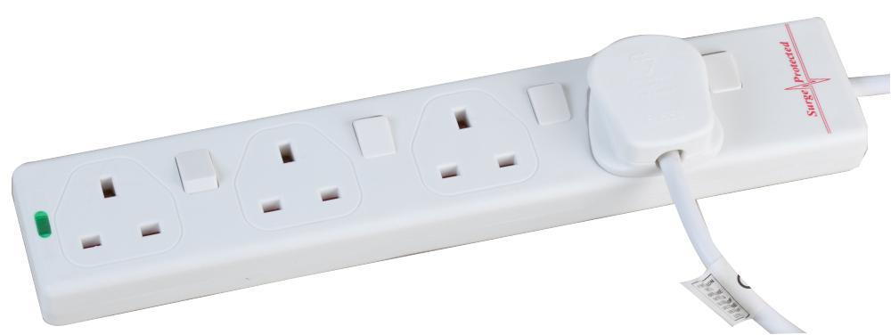 4 Gang 10m Mains Extension Lead Socket Individually Switched 13A with Surge Potection - White