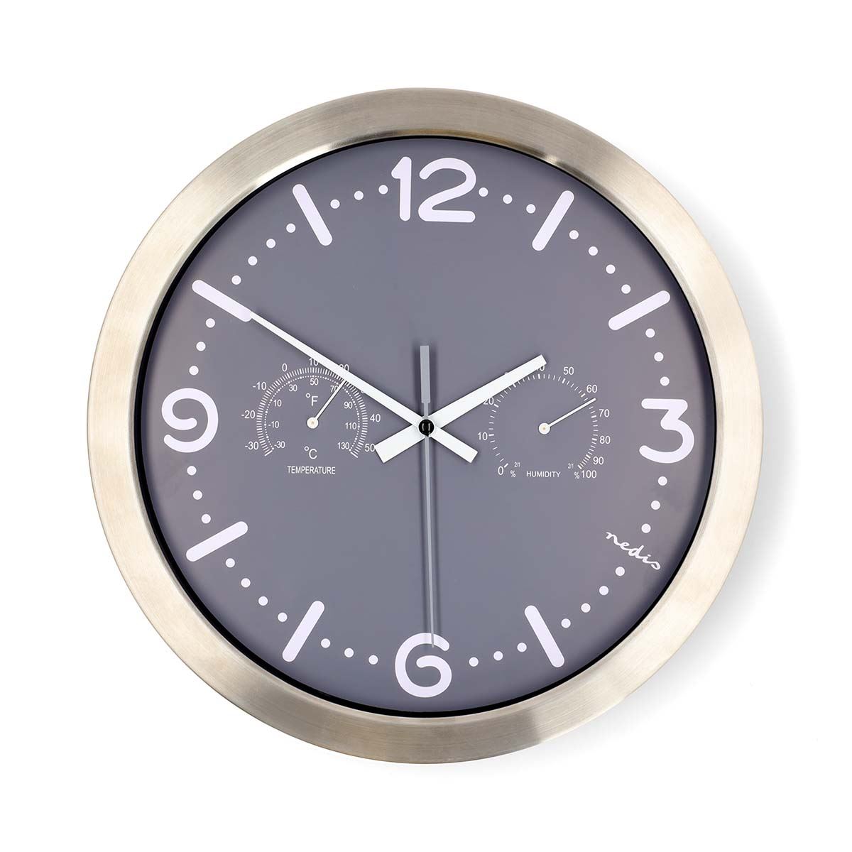 Nedis 30cm Wall Clock with Easy Read Numbers, Silent Movement, Thermometer, Hygrometer, Battery Powered - Aluminium Silver