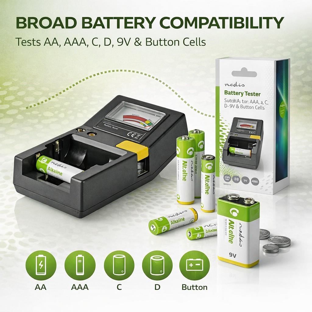 Nedis Battery Tester | 9V - AA - AAA - Button Cell - C - D | Black