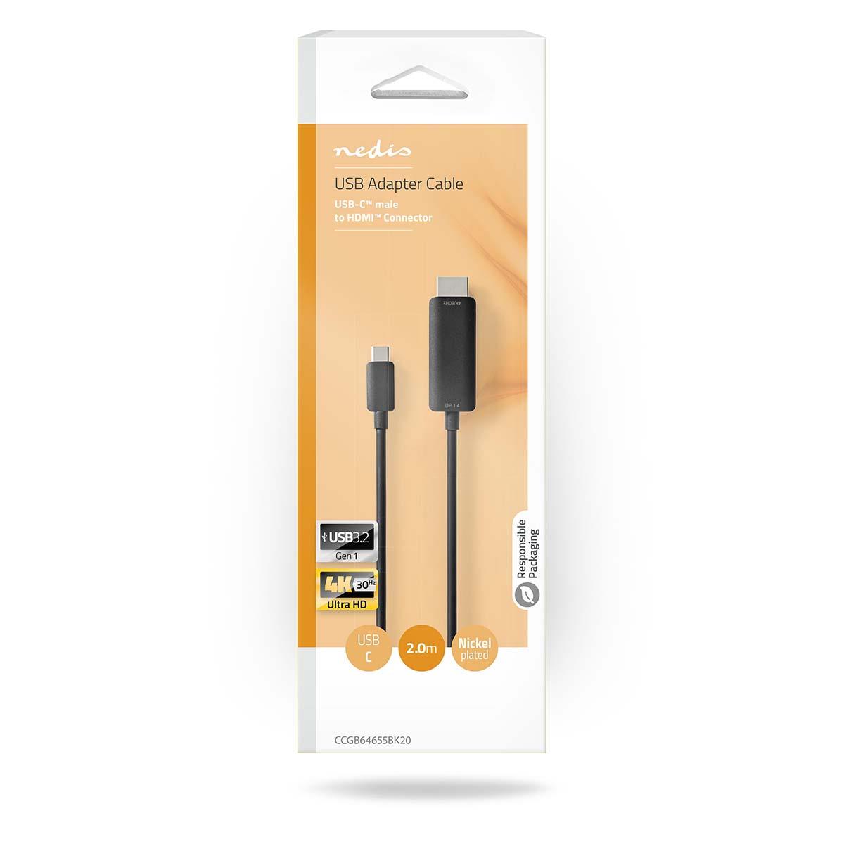 Nedis USB-C™ Adapter | USB 3.2 Gen 1 | USB-C™ Male | HDMI™ Connector | 4K@60Hz | 2.00 m | Round | Nickel Plated | PVC | Black | Box