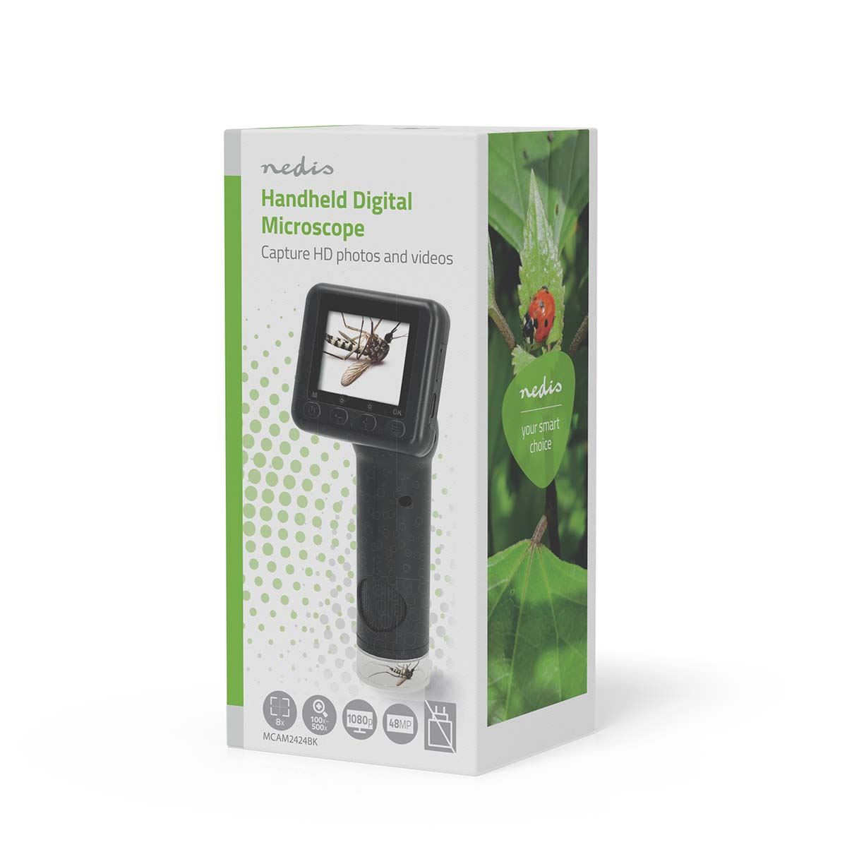 Nedis Handheld Digital Microscope Camera, 2" Tilt LCD Screen, 100x 500x Zoom, 8x Digital Zoom, 6 LED Lights, USB-C, Photo/Video Capture, Battery Powered