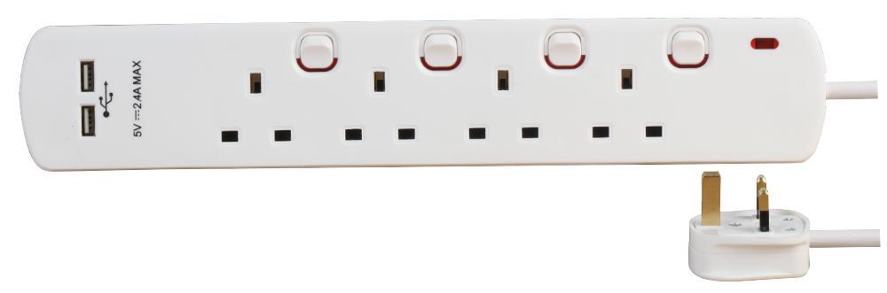 4 Gang 2m Mains Extension Lead Socket Individually Switched 13A with USB Ports - White