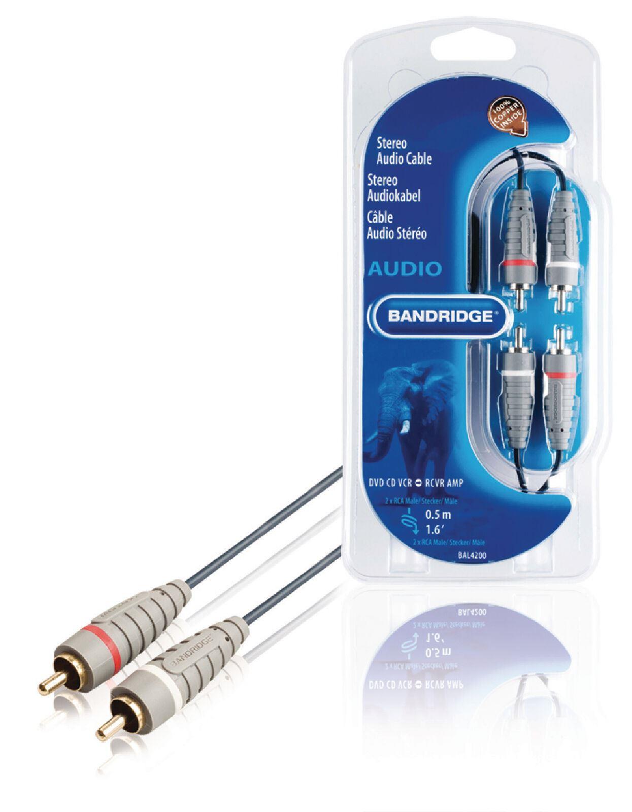 Bandridge 50cm 0.5m Twin Phono RCA Cable Speaker Amp Lead Male To Male Plug