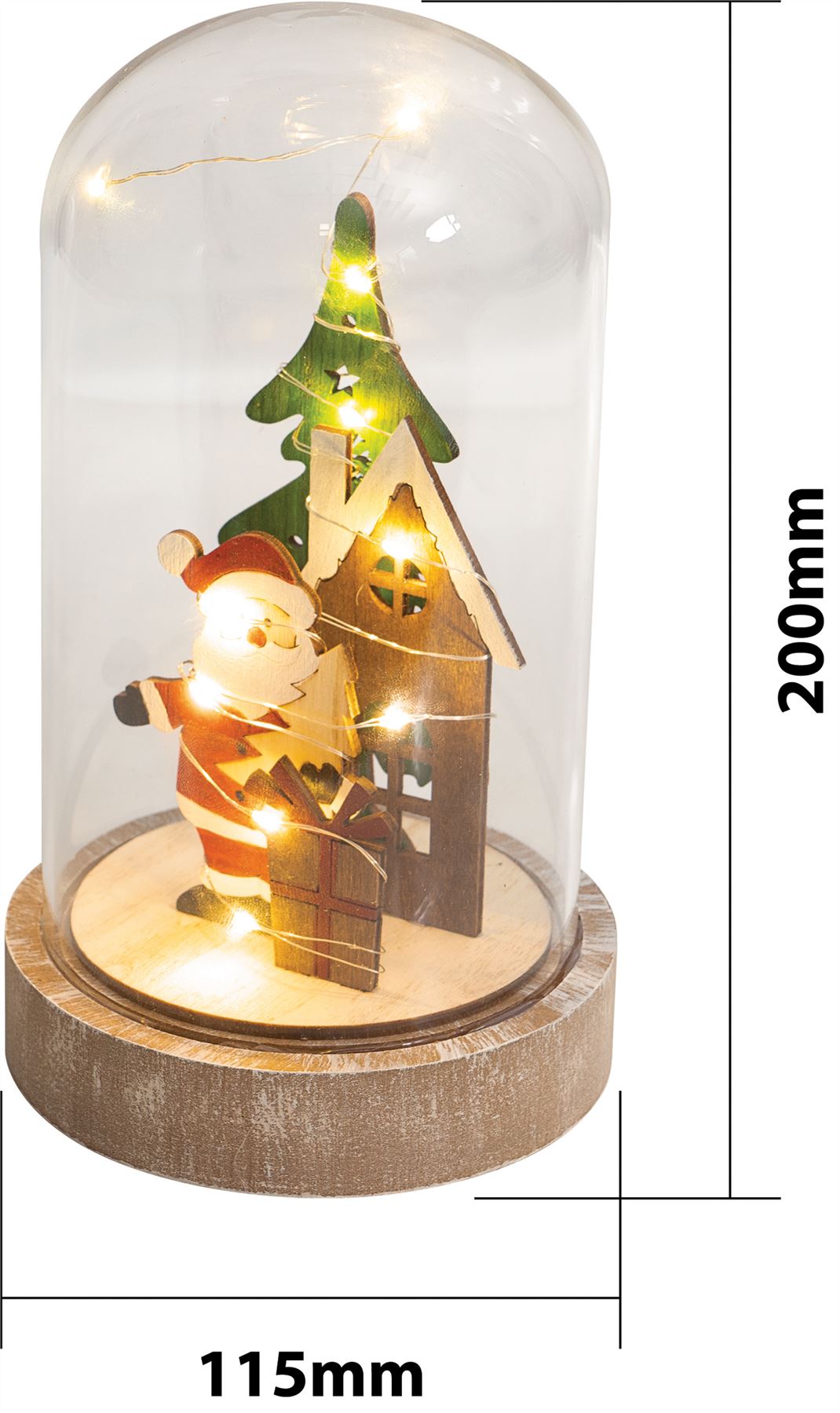 Light Up Cloche Santa Father Christmas Scene with Glass Dome and Wire LED Lights Battery Powered