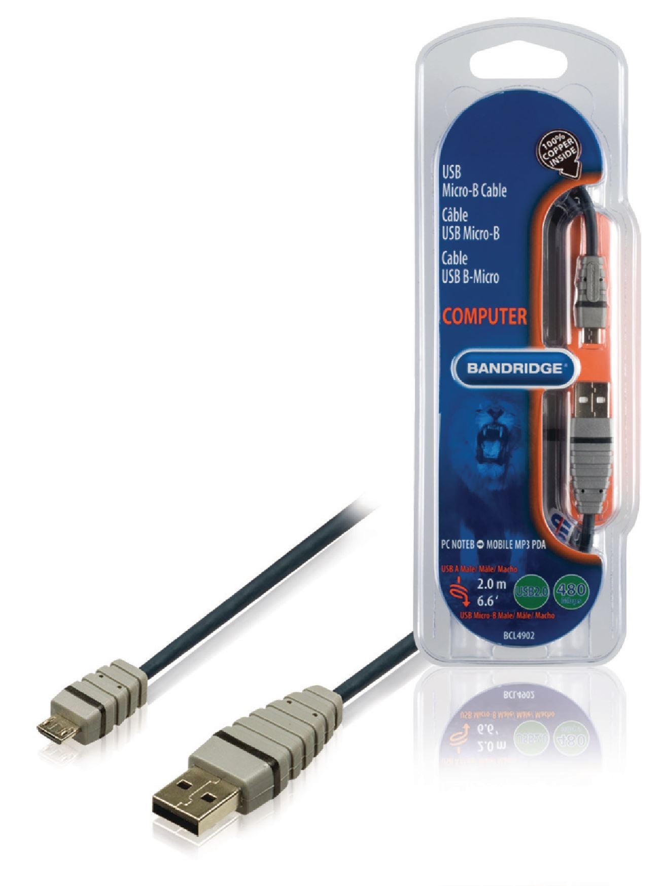 Bandridge 2m USB 2.0 Cable A Male - Micro B Male Round