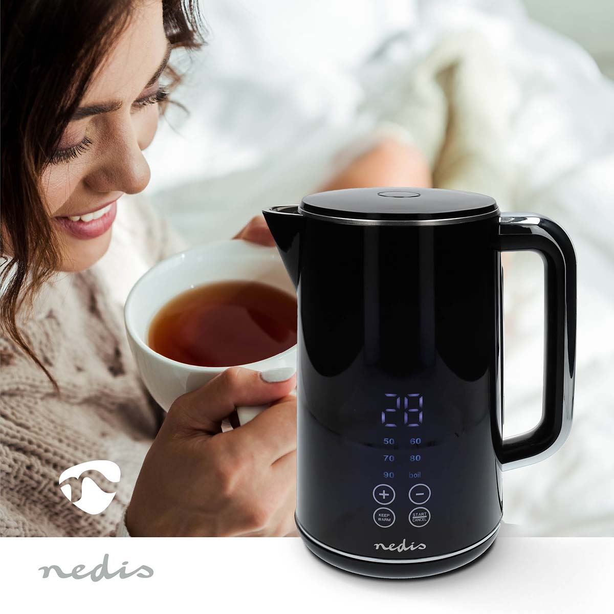 Nedis Electric Kettle 1.7L, Digital Temp Control 50-100oC, Keep Warm Function, 360 Degree Cordless Base, Black