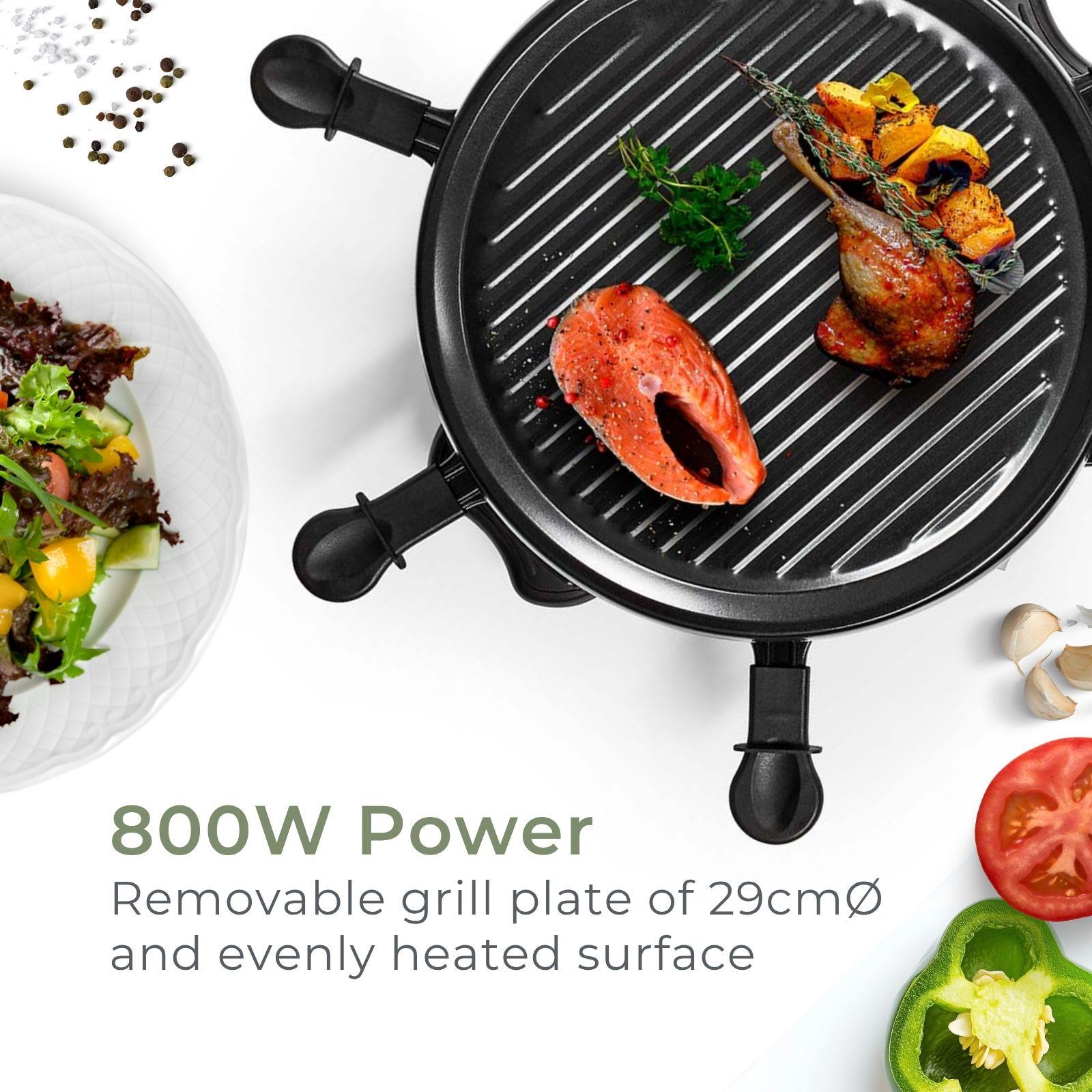 MELISSA Electric Raclette Gourmet Grill, 6 Person Indoor Non-Stick Tabletop Cooker, Removable Round Hot Plate, with 6 x Mini Cheese Pans & Spatulas, 800W