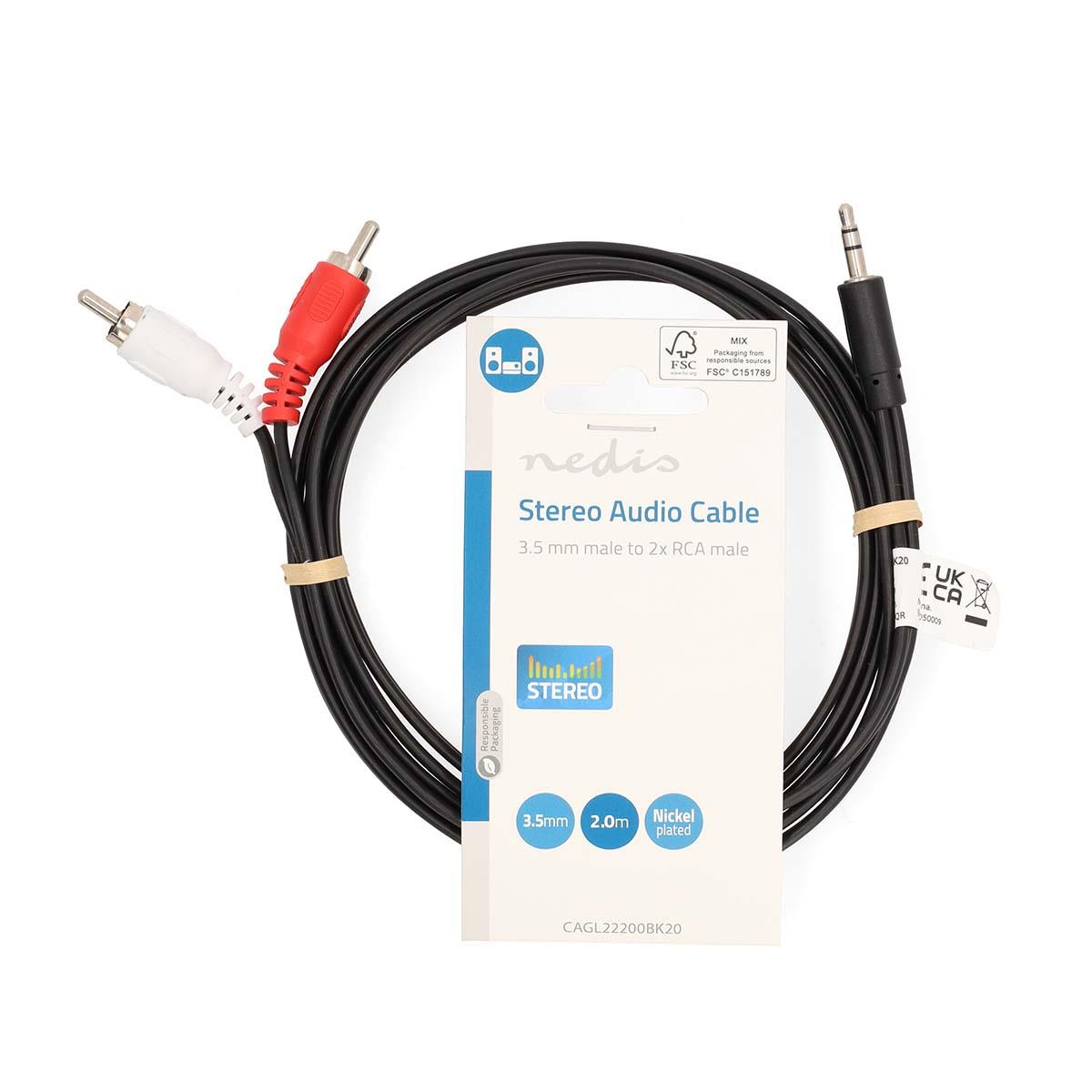 Nedis Stereo Audio Cable | 3.5 mm Male | 2x RCA Male | Nickel Plated | 2.00 m | Round | Black | Label