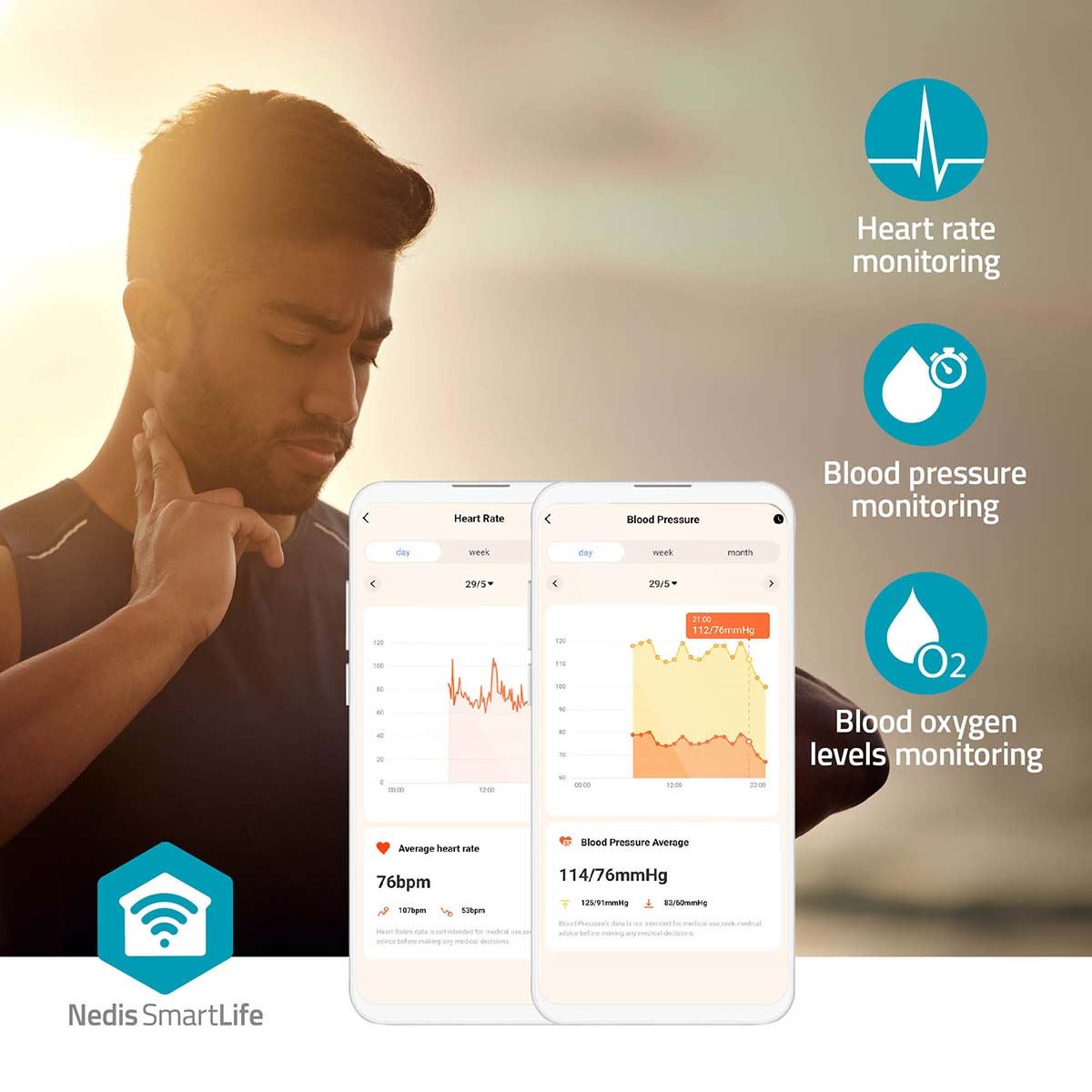 Nedis SmartLife SmartWatch, LCD Screen, Waterproof IP68, Up to 10 Days of Battery Life, Android and iOS Black, Black/White,