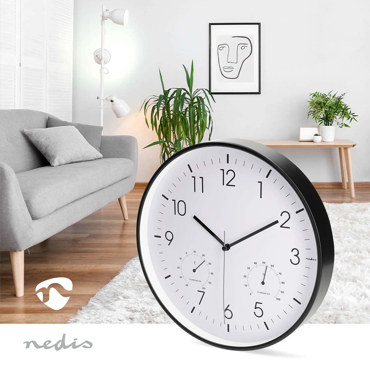 Nedis 30cm Wall Clock with Easy Read Numbers, Silent Movement, Thermometer, Hygrometer, Battery Powered - Black