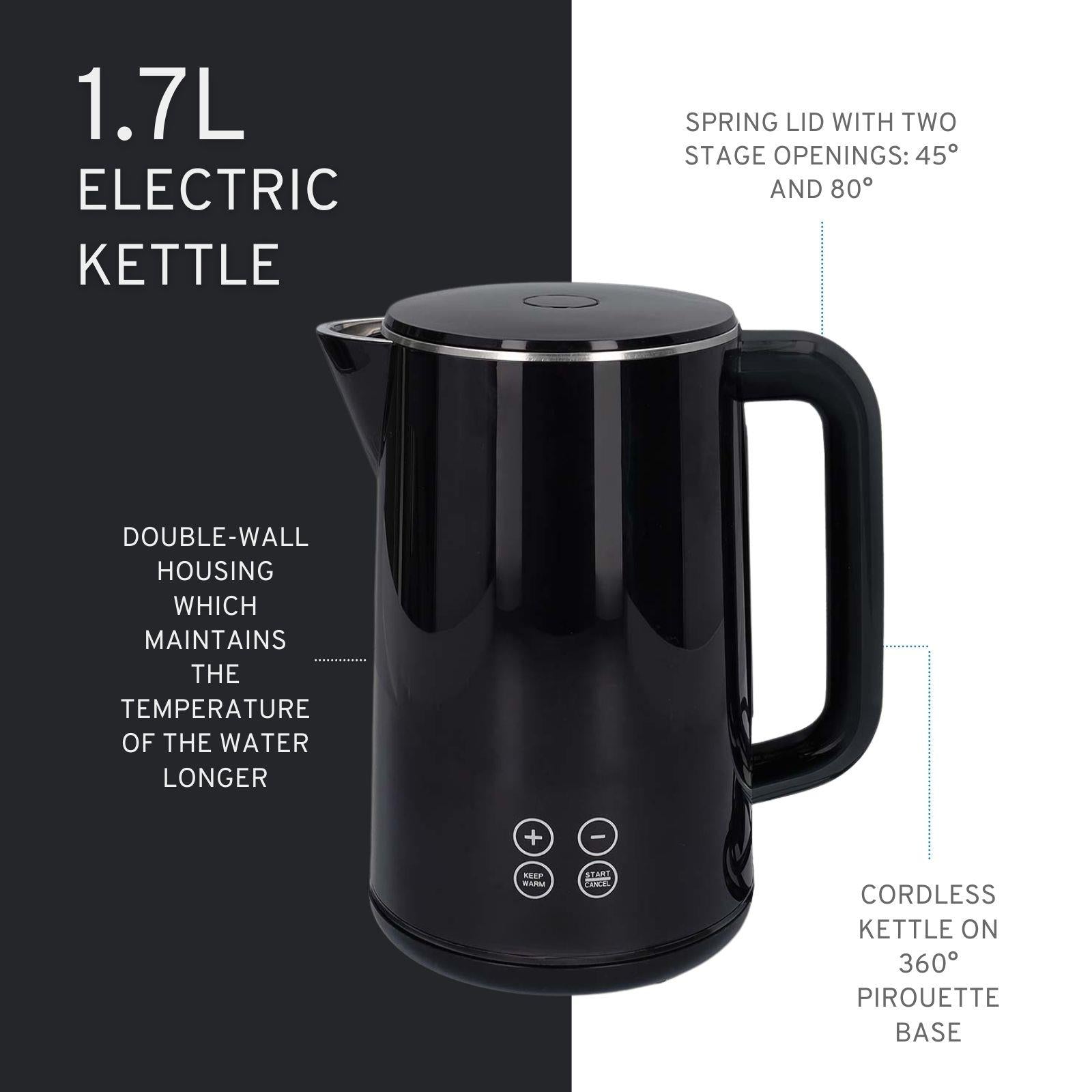 Nedis Electric Kettle 1.7L, Digital Temp Control 50-100oC, Keep Warm Function, 360 Degree Cordless Base, Black