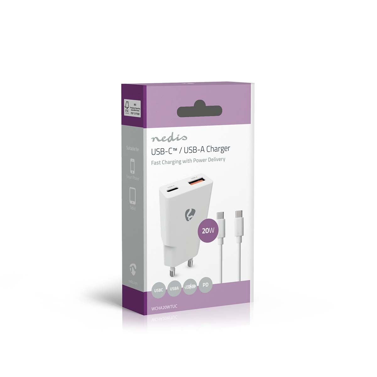 Nedis EU Euro Travel Wall Charger | 20 W | GaN | PD3.0 | Quick charge feature | 1.5 / 2.0 / 2.22 / 3.0 A | Number of outputs: 2 | USB-A / USB-C™ | USB-C™ (Loose) Cable | 1.50 m | Automatic Voltage Selection | White