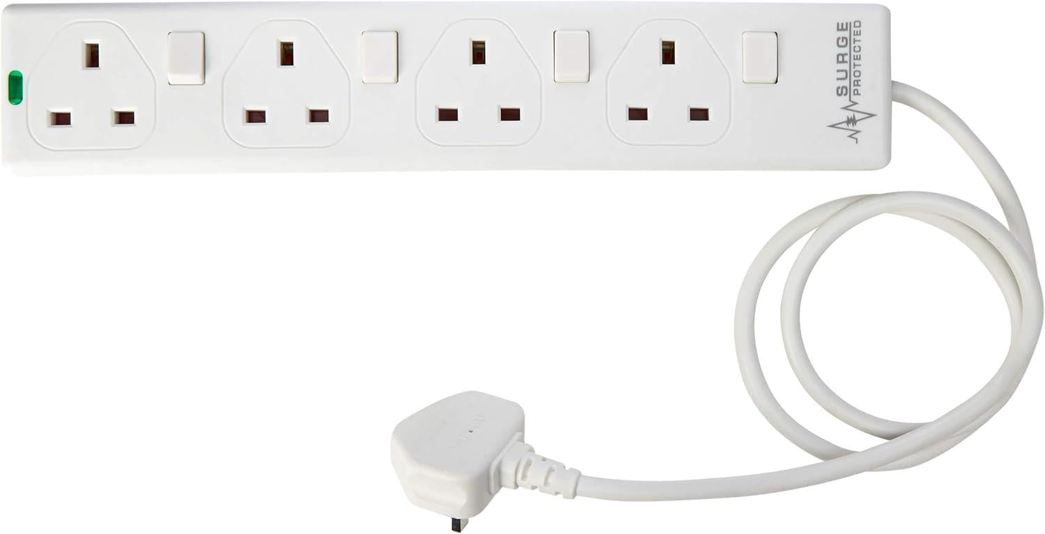 4 Gang 1m Mains Extension Lead Socket Individually Switched 13A with Surge Potection - White