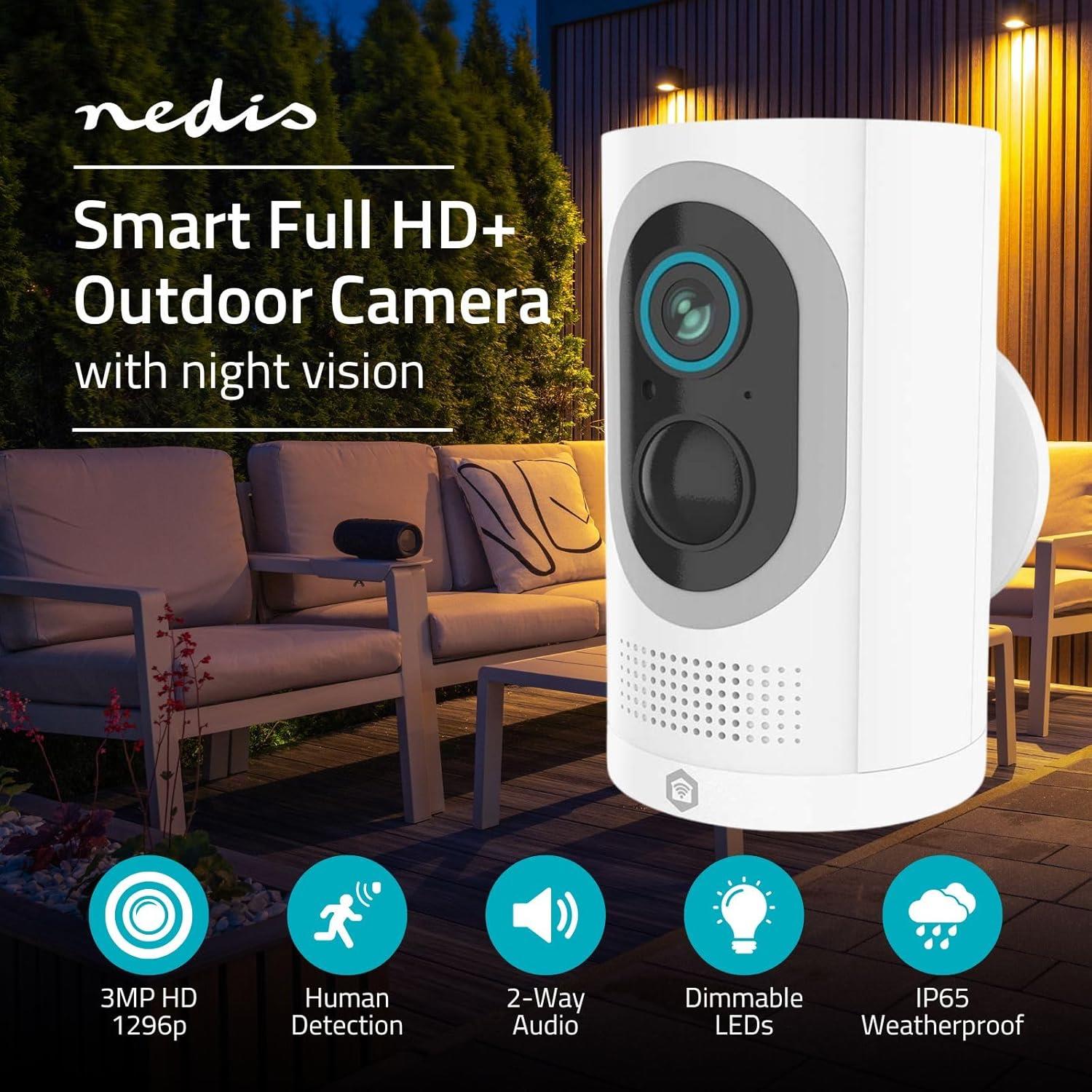 Nedis SmartLife Outdoor Camera | Spotlight | 3MP Full HD 1296p | IP65 | Max. battery life: 6 Months | Cloud Storage (optional) / microSD (not included) | 5 V DC | With motion sensor | Night vision | White