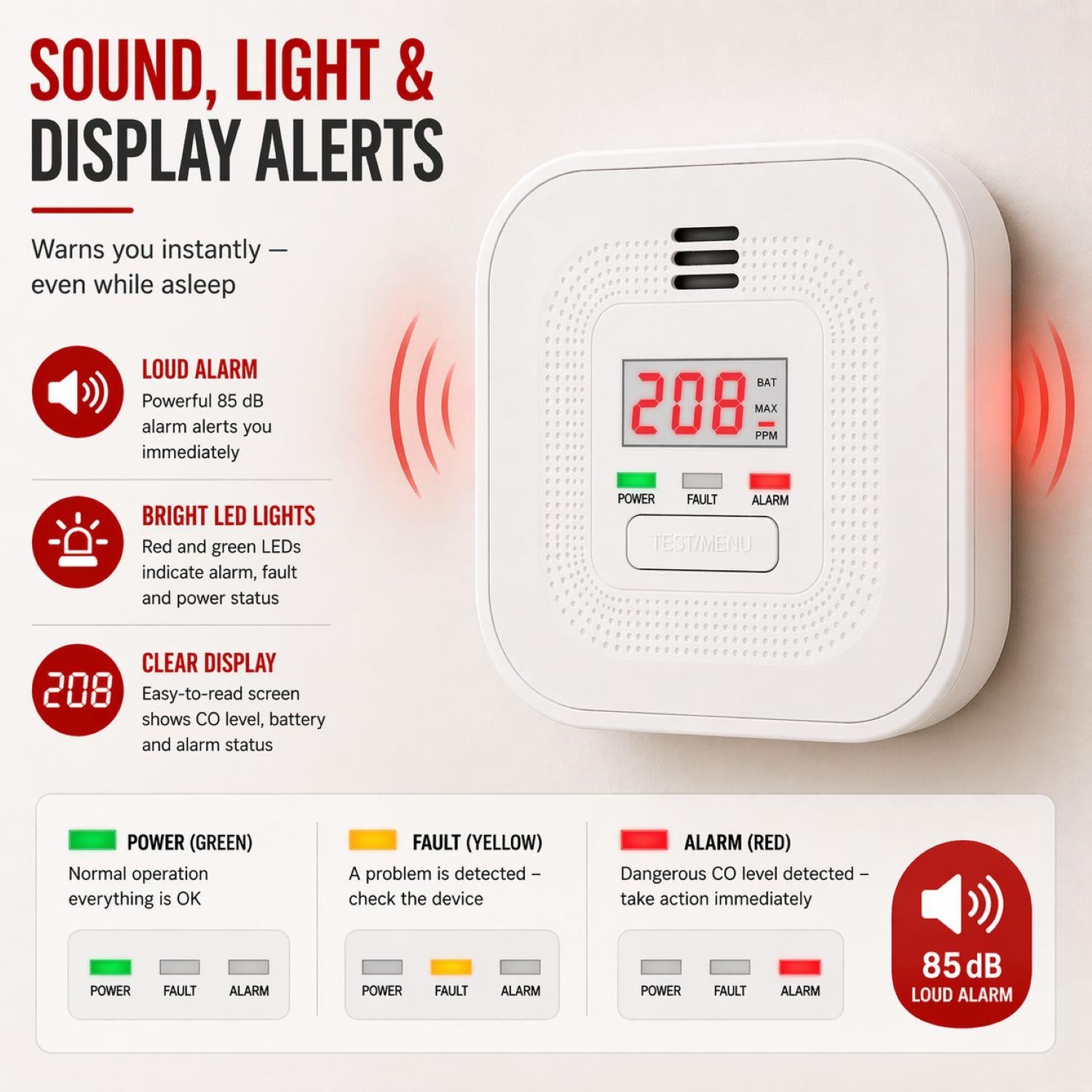 Alecto COA4010 Carbon monoxide Alarm with 10 year Sensor Runtime | LED Indication | EN50291-1:20180 | White