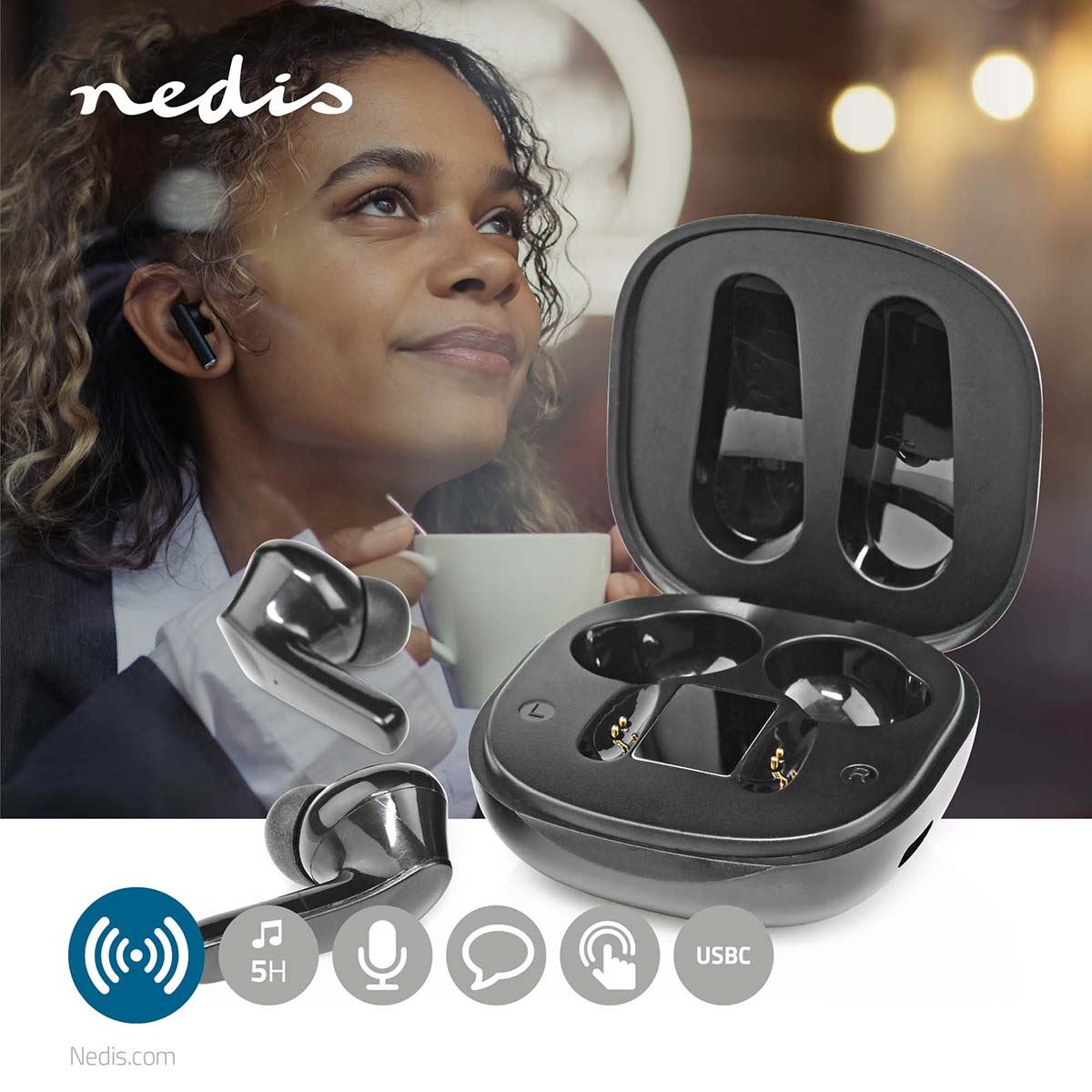 Nedis Fully Wireless ANC Earphones Bluetooth 5.0 with Touch Control, Up to 5 Hours Playtime, Charging Case with Display, Built-in Microphone, USB Type-C Charging
