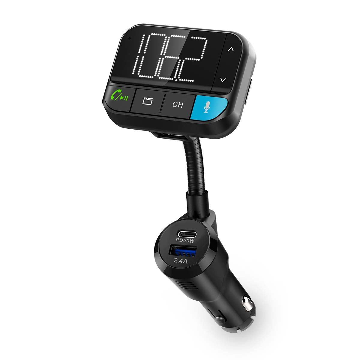 Nedis Car FM Transmitter | Gooseneck | Speakerphone | 2 " | Black White Screen | Bluetooth® | PD 20 W / QC 3.0 | Fast charging | Bass boost | Google Assistant / Siri | Black