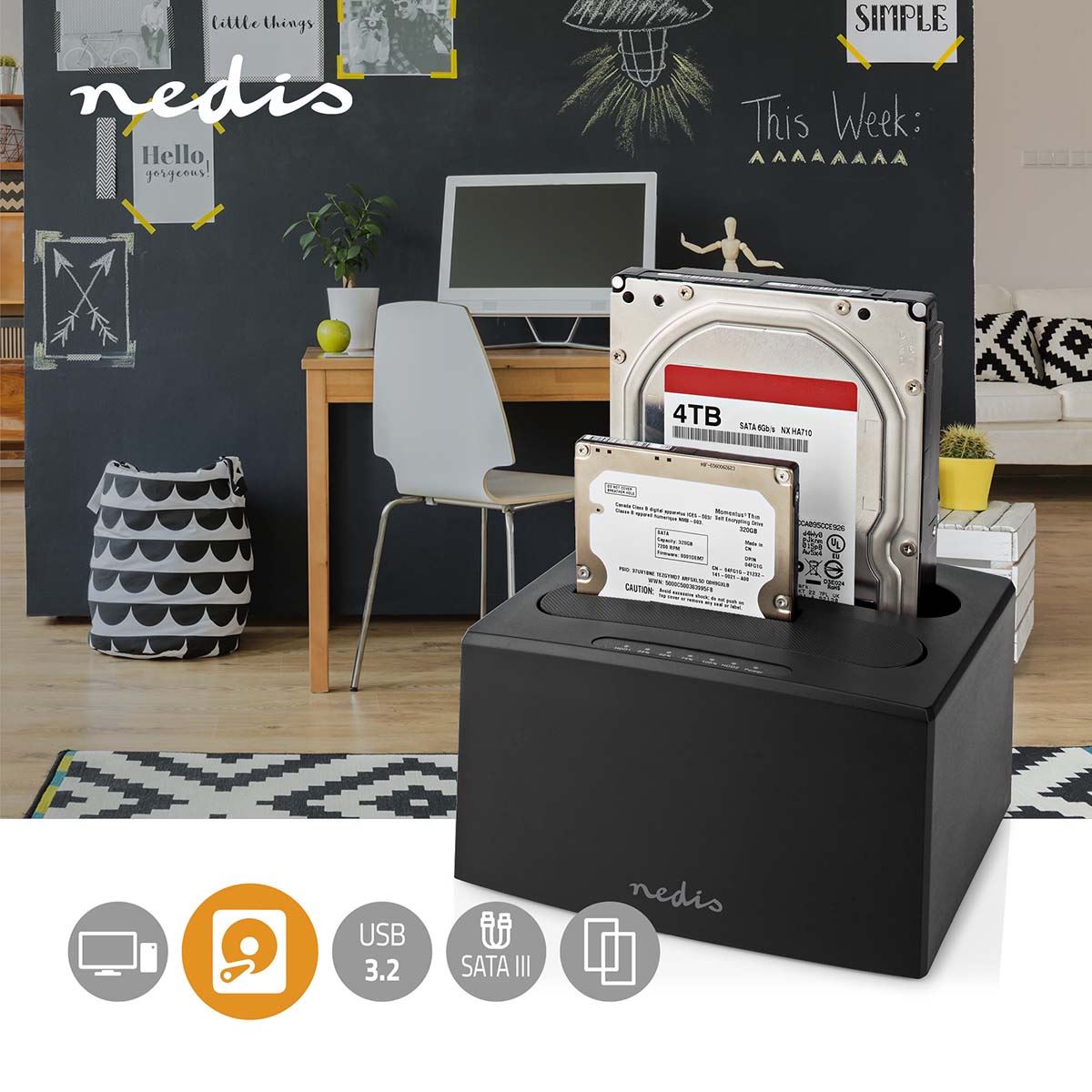 Nedis Hard Disk Docking station | USB 3.2 Gen1 | USB Type-A | 2 Disks | 2.5 / 3.5 " | USB 3.2 Gen1 | Docking | Desktop