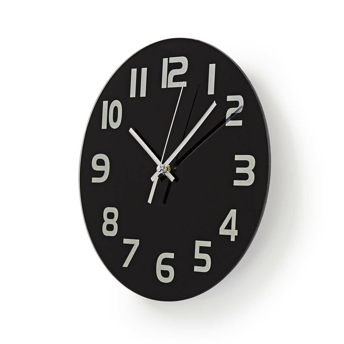 Nedis 30cm Wall Clock with Easy Read Numbers, Battery Powered - Glass Black